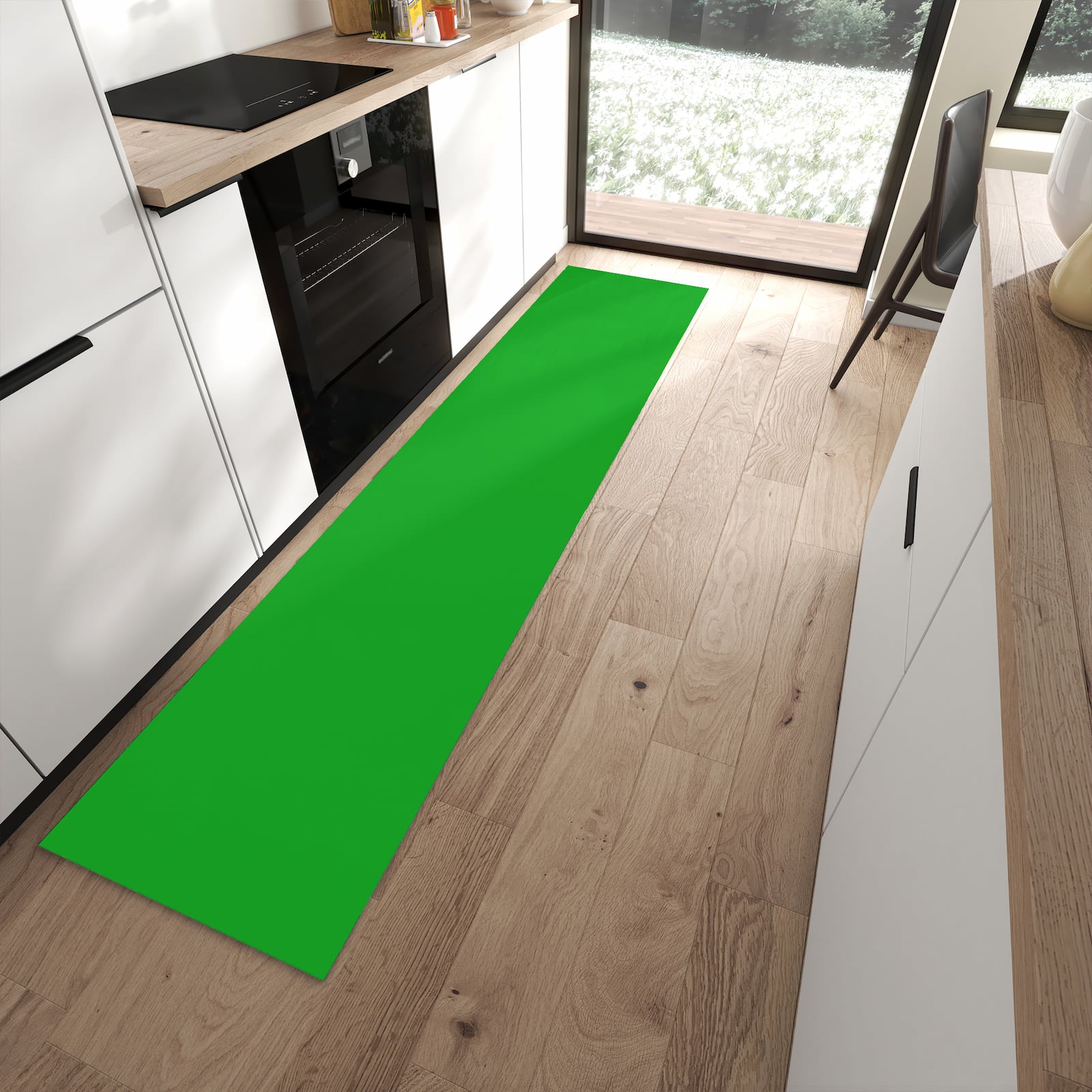 Formstabiler Küchenläufer mit grasgrünem Hintergrund-Motiv in moderner Küche