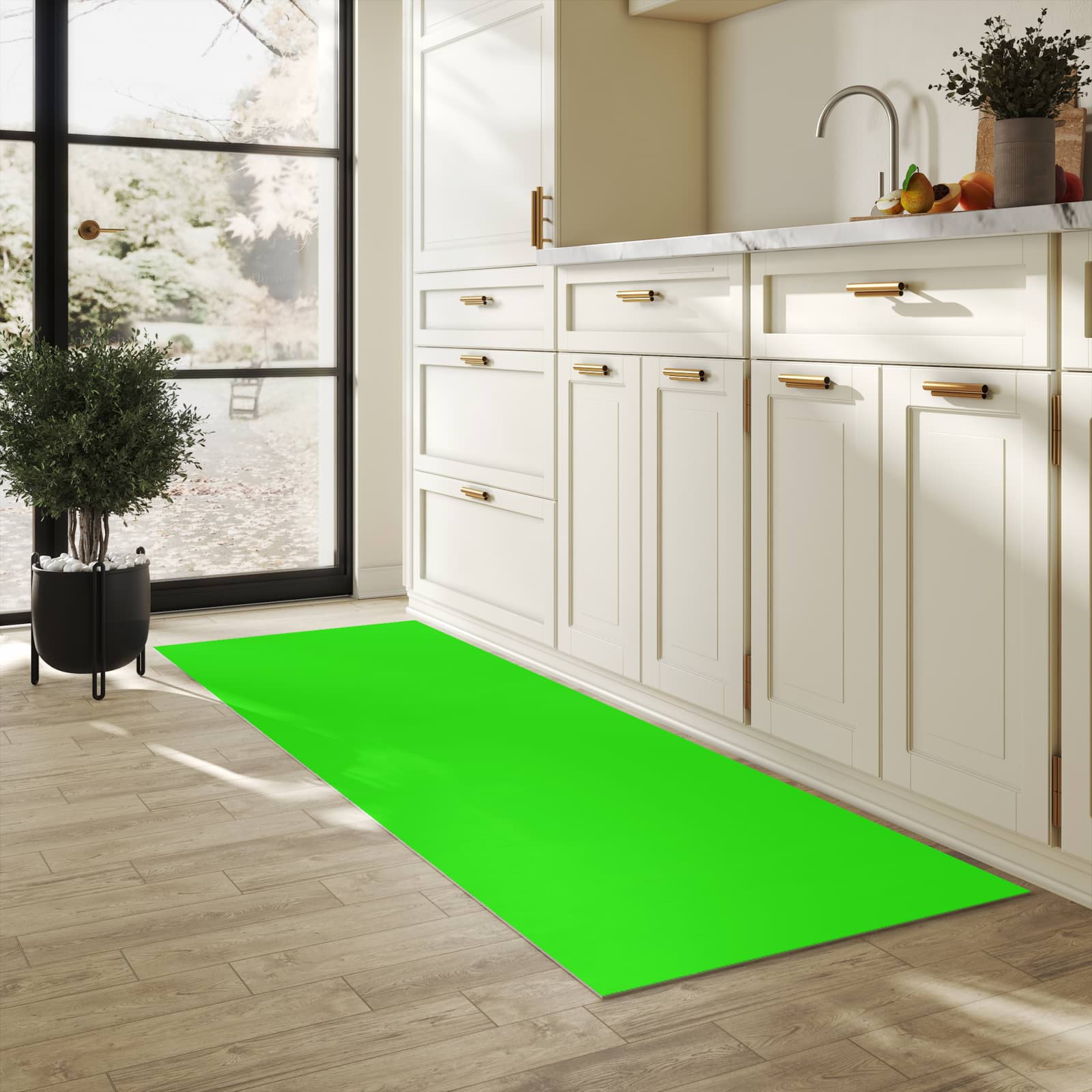 Farbbeständiger Küchenläufer mit neongrünem Hintergrund in der Küche, waschbar