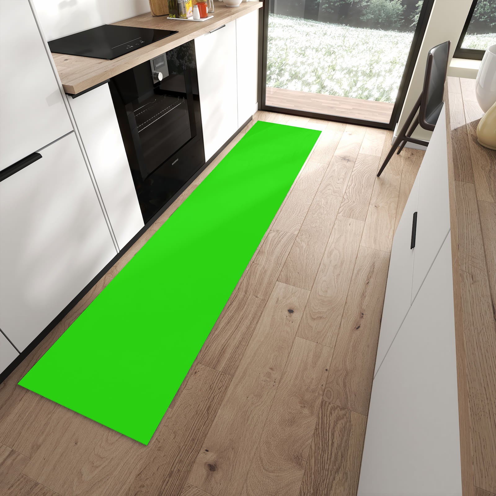 Flacher Teppich mit neongrünem Hintergrund-Motiv in moderner Küche, waschbar