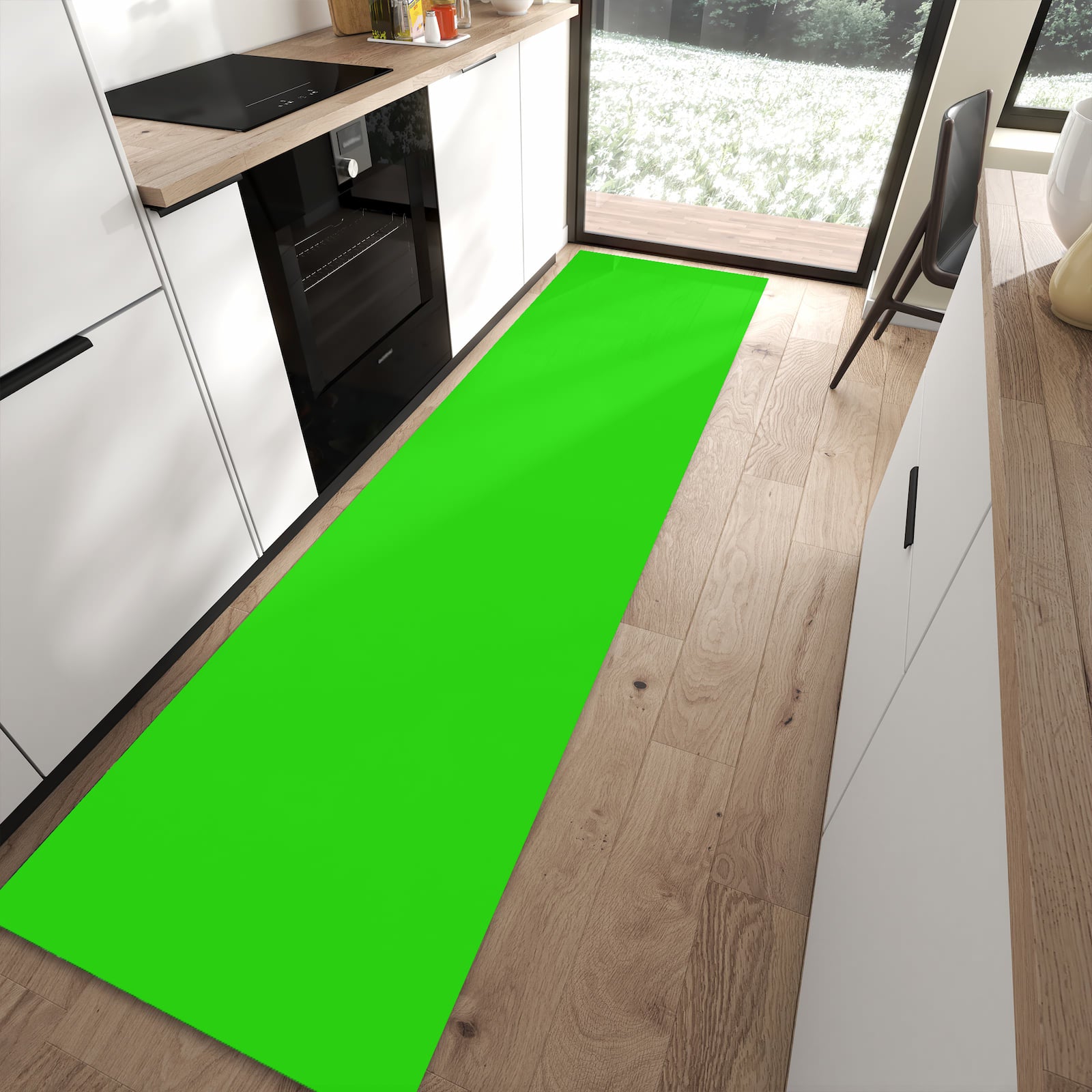 Bodenschonender Bodenläufer mit neongrünem Hintergrund-Motiv in moderner Küche