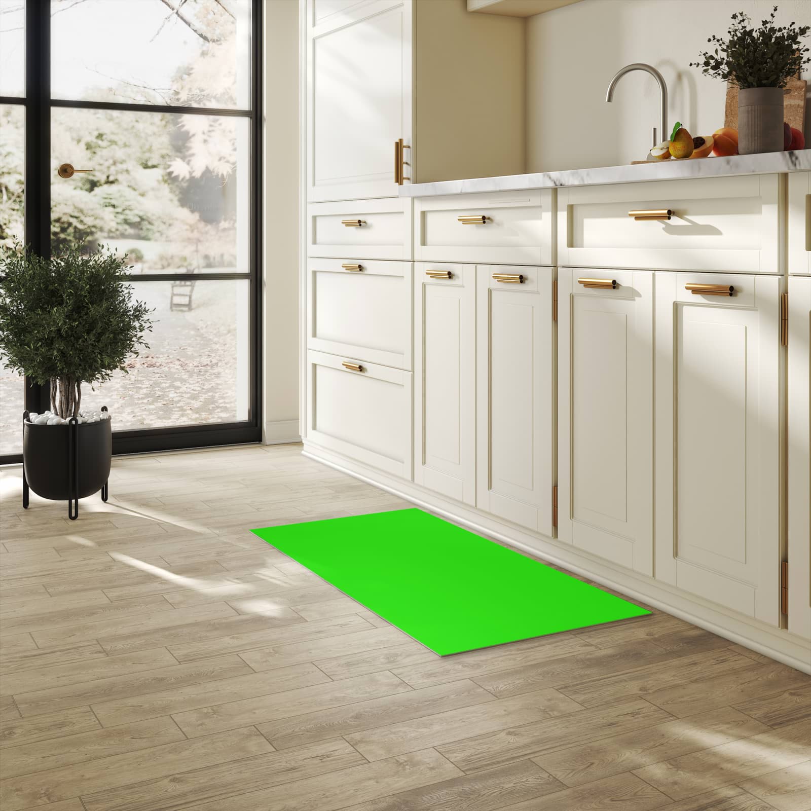 Strapazierfähiger Küchenläufer mit neongrünem Hintergrund-Motiv in der Küche, rutschfest