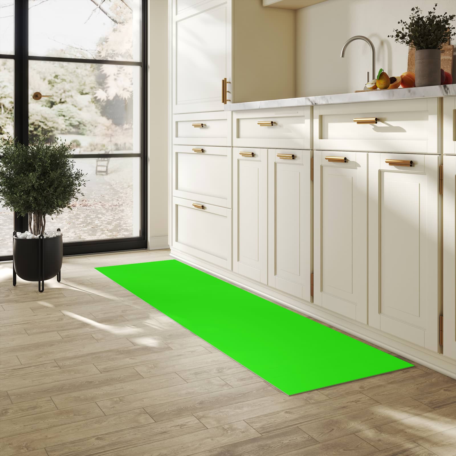 Waschbarer Küchenläufer mit neongrünem Hintergrund in der Küche für mehr Komfort beim Stehen