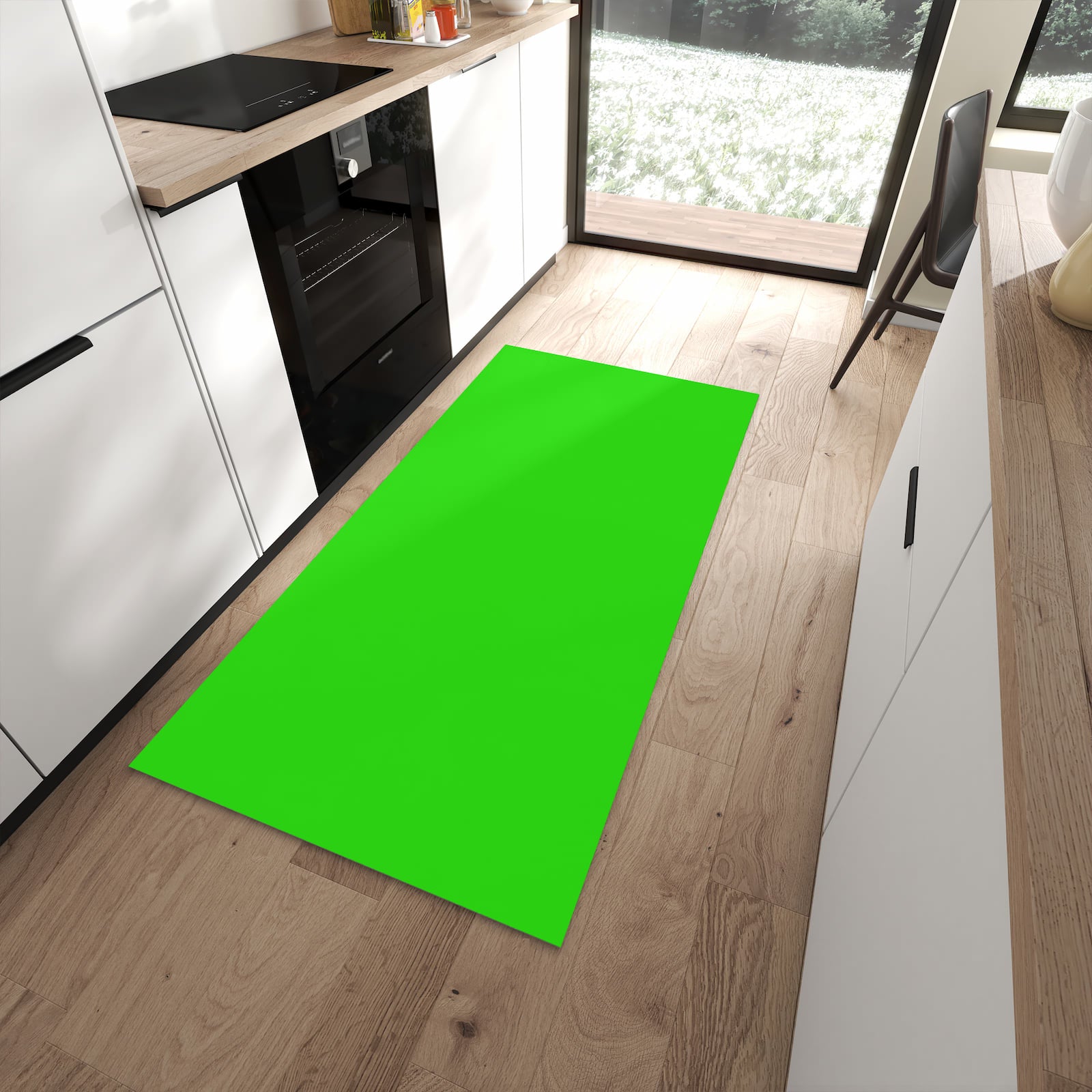 Küchenteppich mit neongrünem Hintergrund-Motiv in moderner Küche, sicher aufbewahren