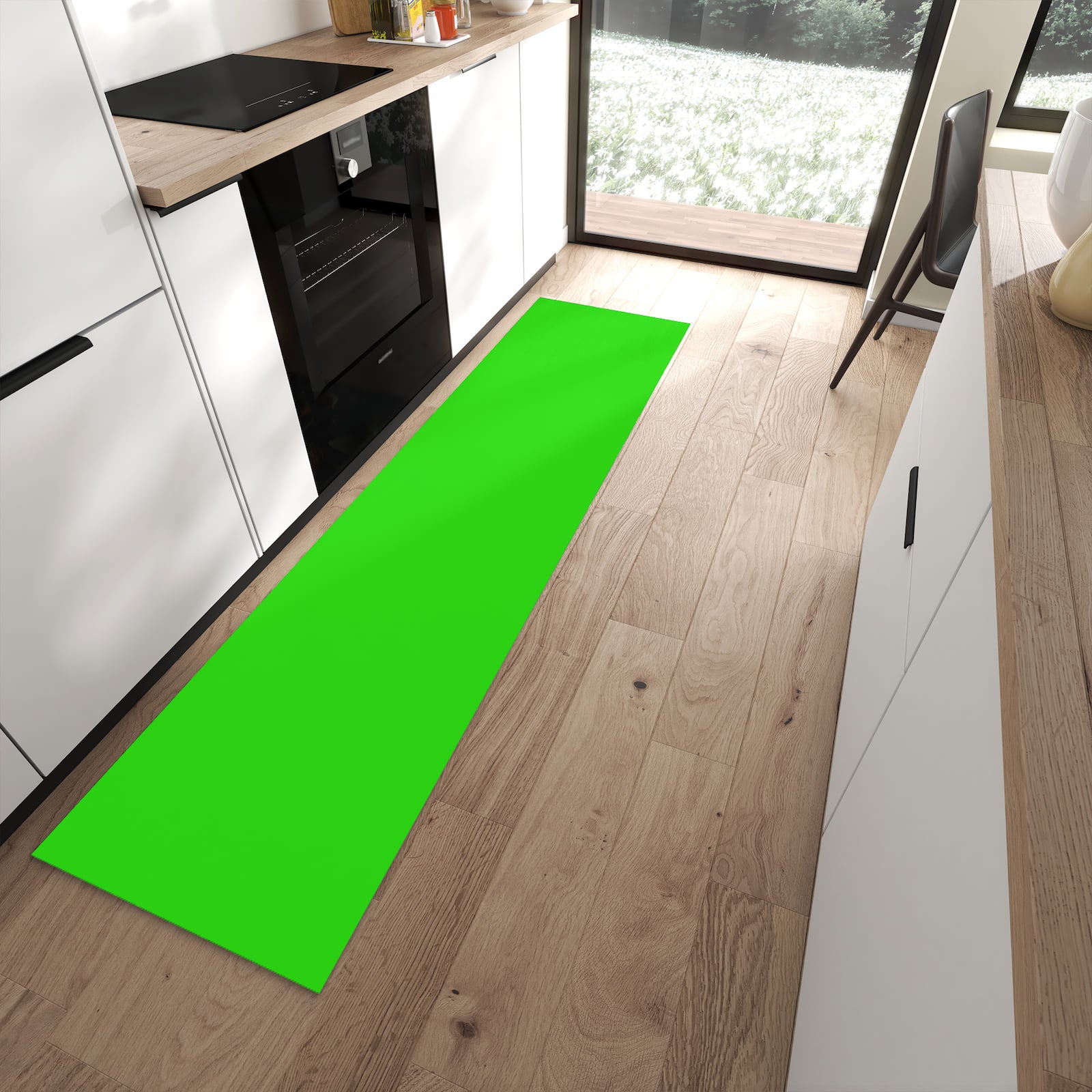 Dünner Küchenläufer mit neongrünem Hintergrund-Motiv in moderner Küche, schützt Boden