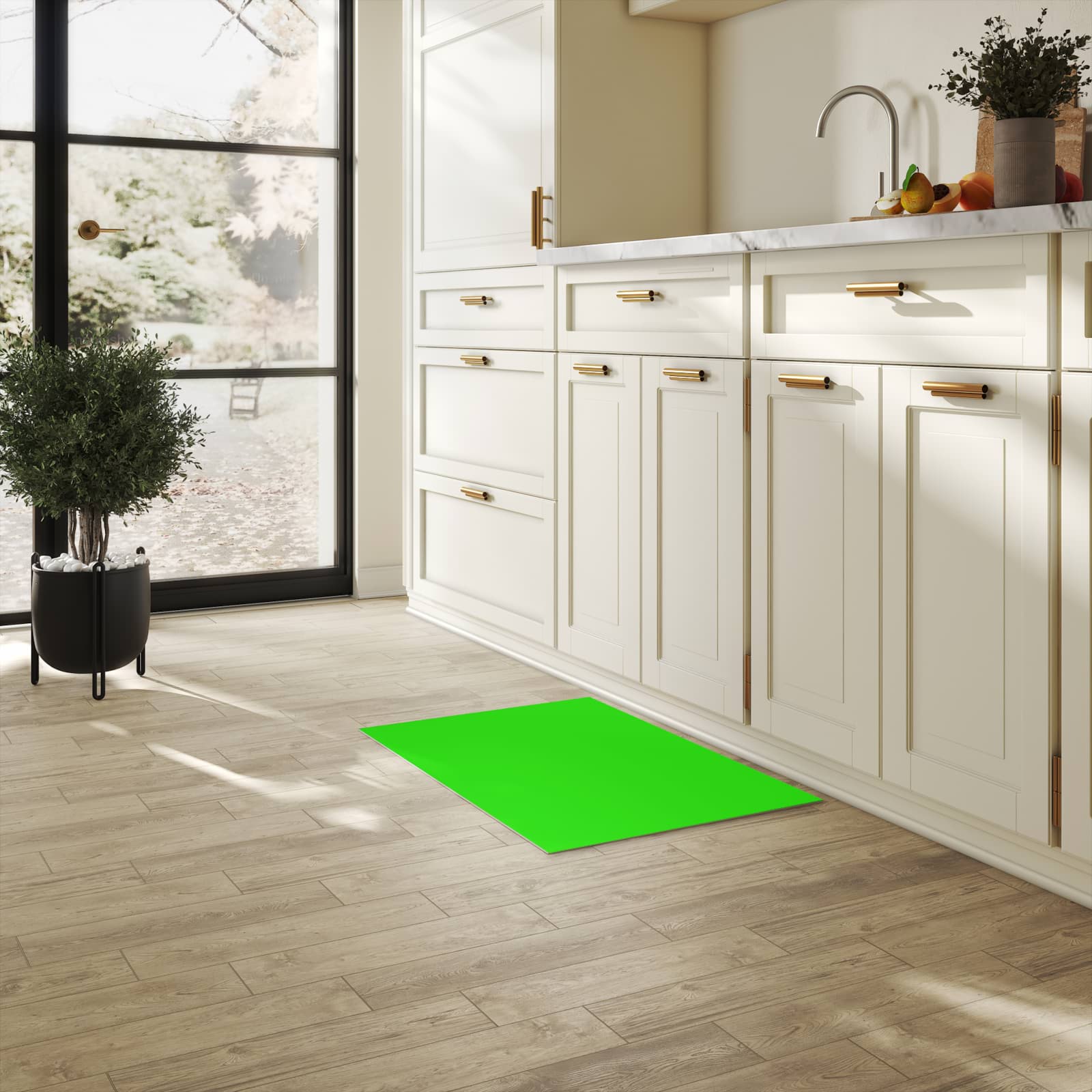 Langlebiger Küchenläufer nach Maß mit neongrünem Hintergrund-Motiv in der Küche