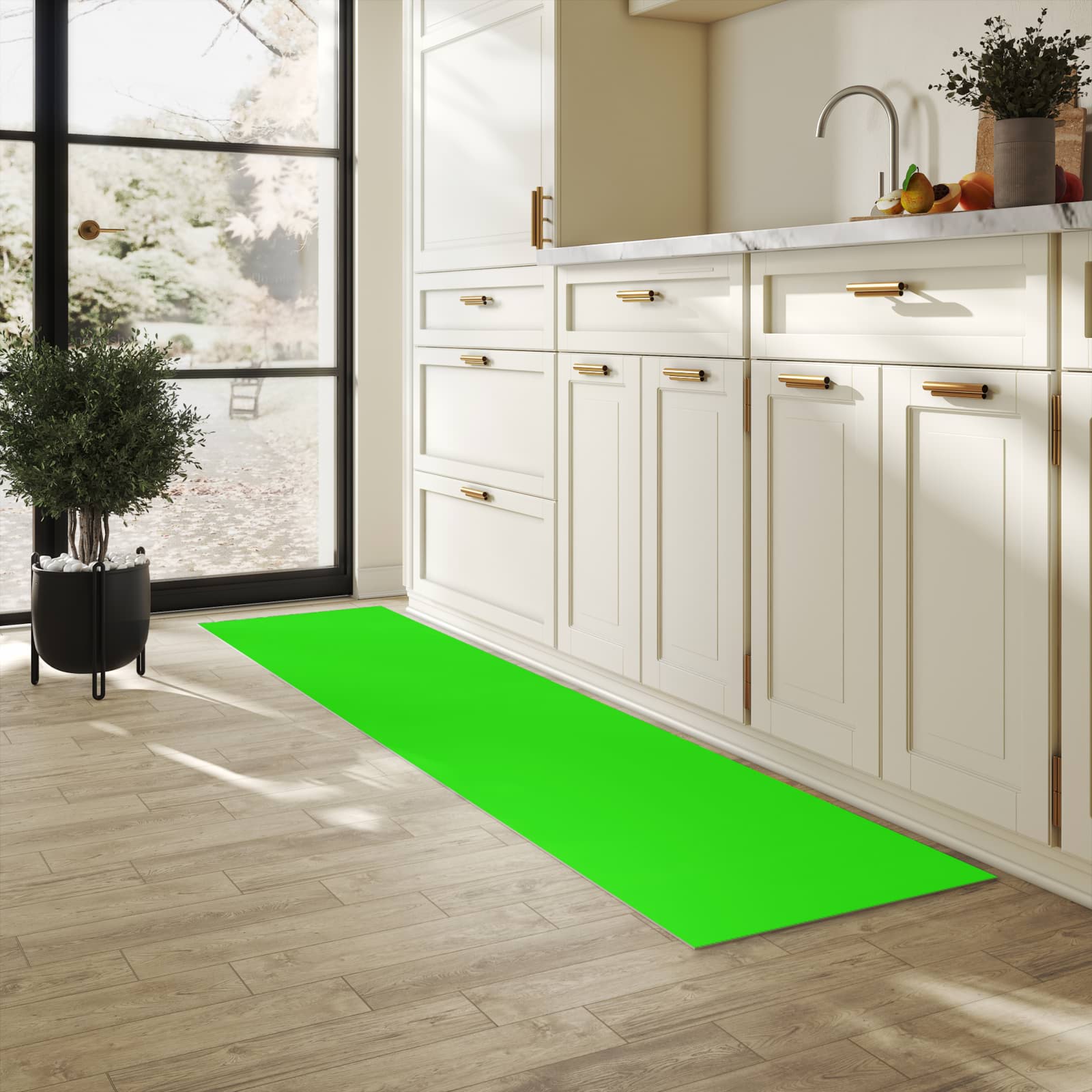 Formstabiler rutschfester Küchenläufer mit neongrüner Hintergrund-Optik in der Küche