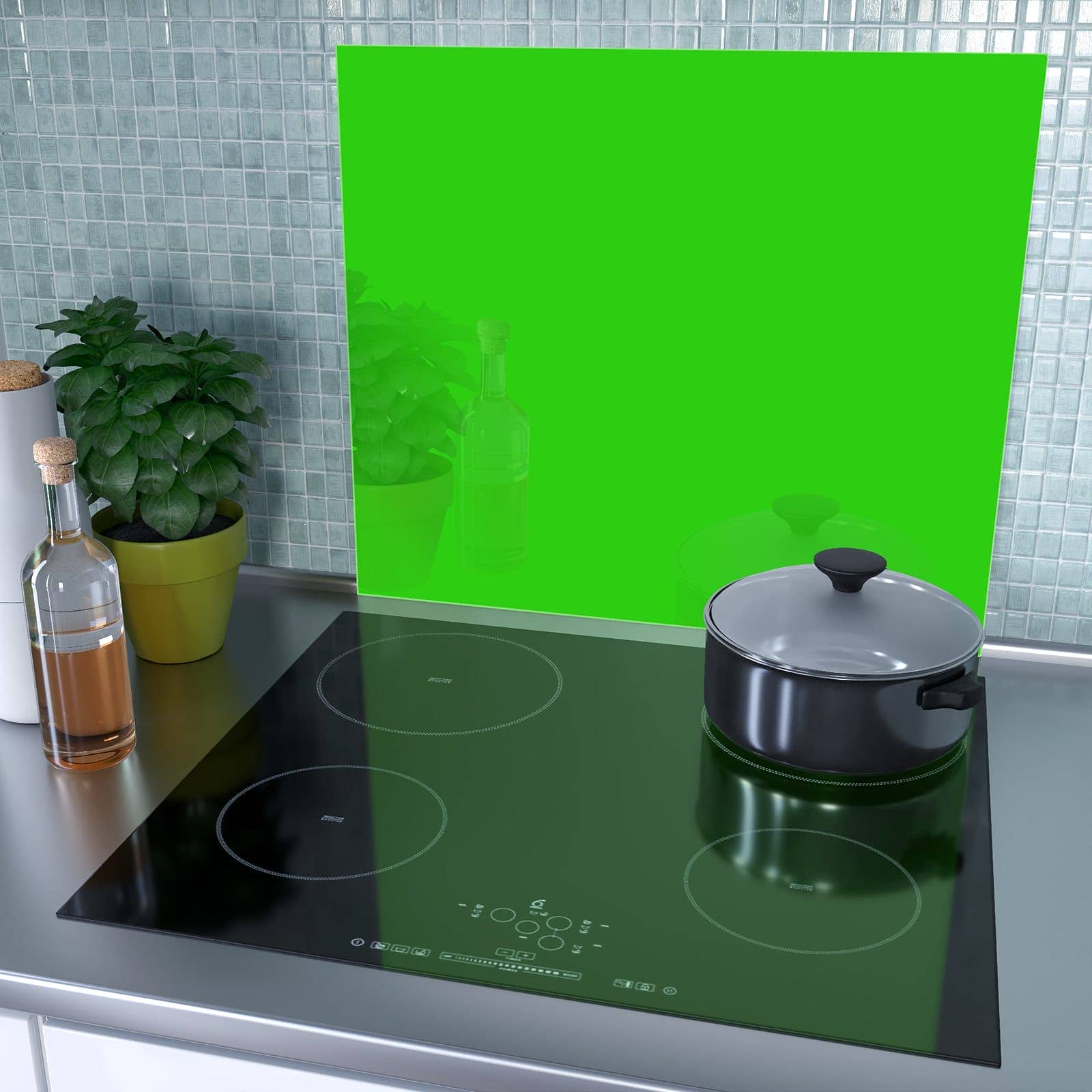 1-teilige Herdabdeckplatte mit Neongrüner Hintergrund-Motiv als Spritzschutz hinter dem Kochfeld