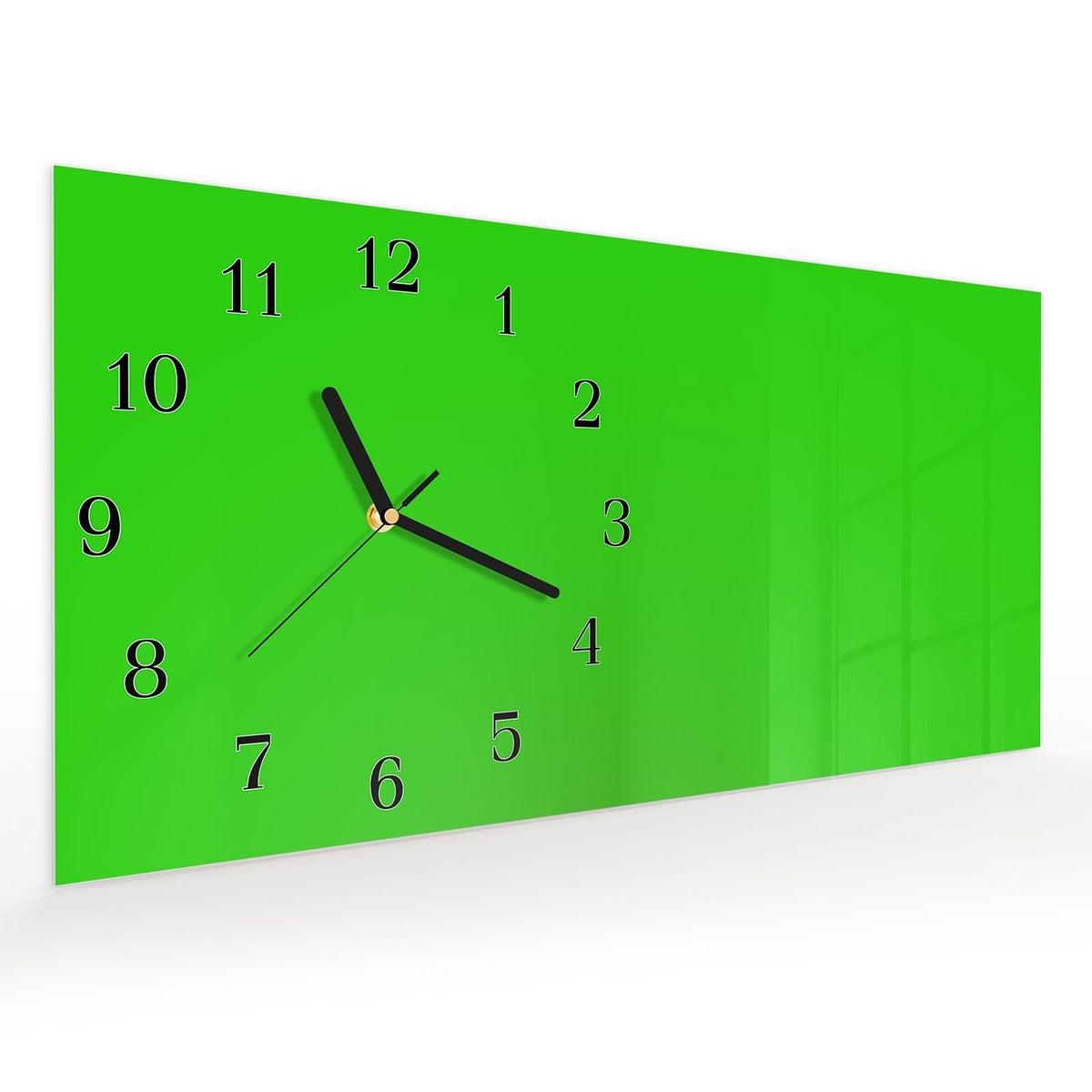 Vormontiert – mit Schwebeeffekt – Wanduhr Neongrüner Hintergrund aus Glas – Querformat 60 × 30 cm