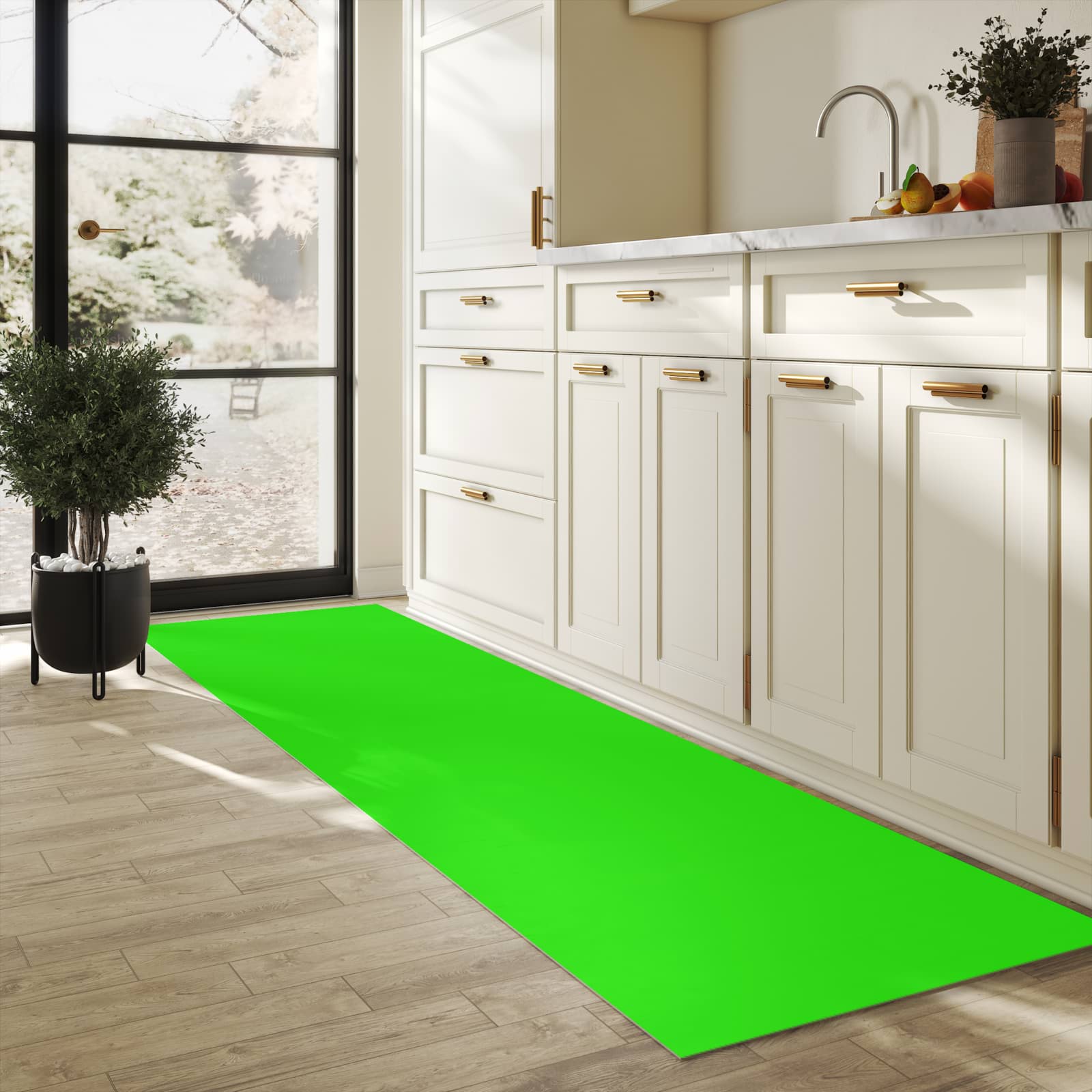 Flacher Küchenläufer mit neongrünem Hintergrund-Motiv in der Küche, abwaschbar