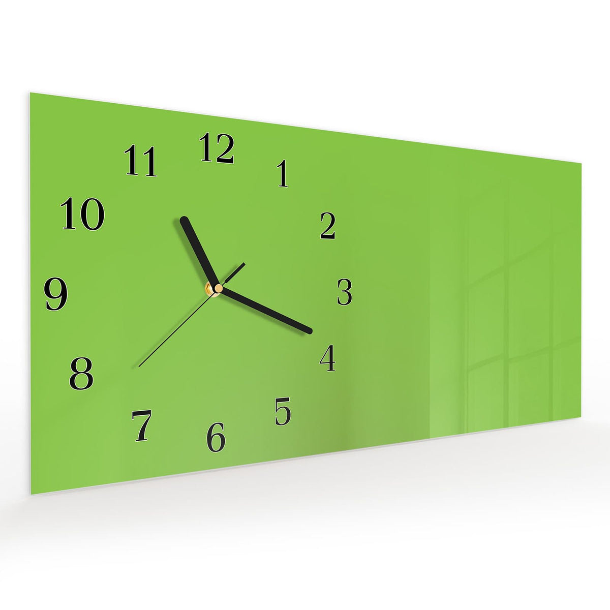 Vormontiert – mit Schwebeeffekt – Wanduhr Hellgrüner Hintergrund aus Glas – Querformat 60 × 30 cm