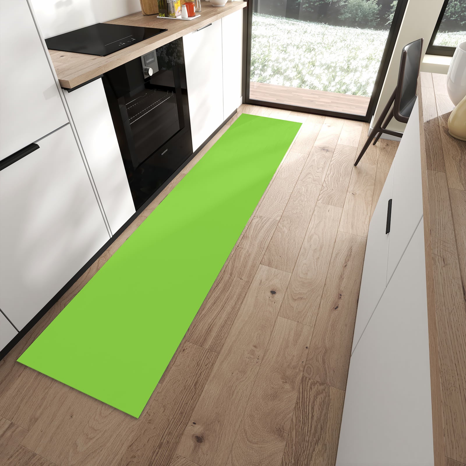 Bodenschonender Bodenläufer mit hellgrünem Hintergrund-Motiv in moderner Küche