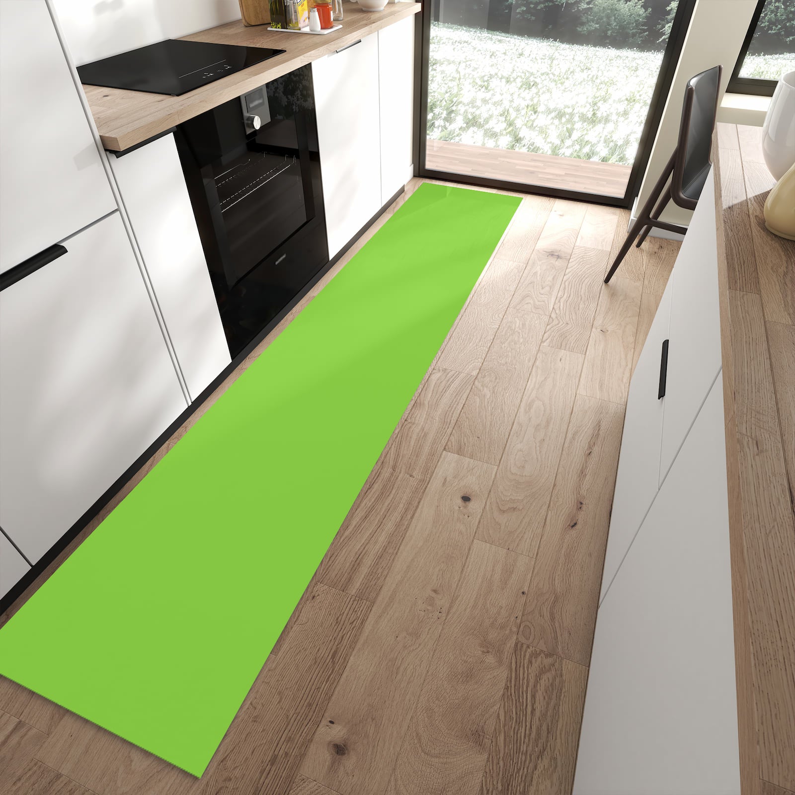Bodenläufer mit hellgrünem Hintergrund-Motiv in moderner Küche, sicher aufbewahren
