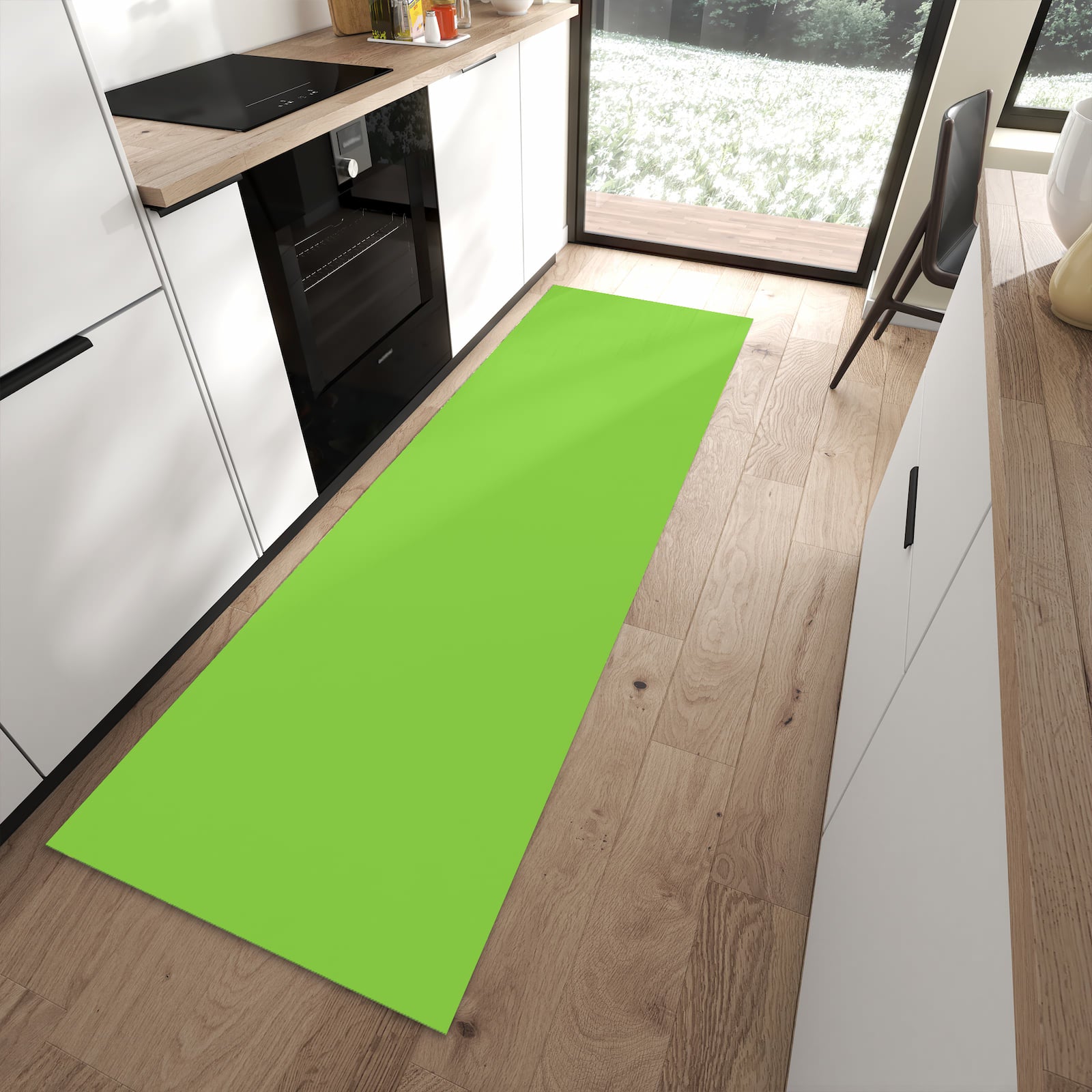 Geruchsneutraler Küchenläufer mit hellgrünem Hintergrund-Motiv in moderner Küche