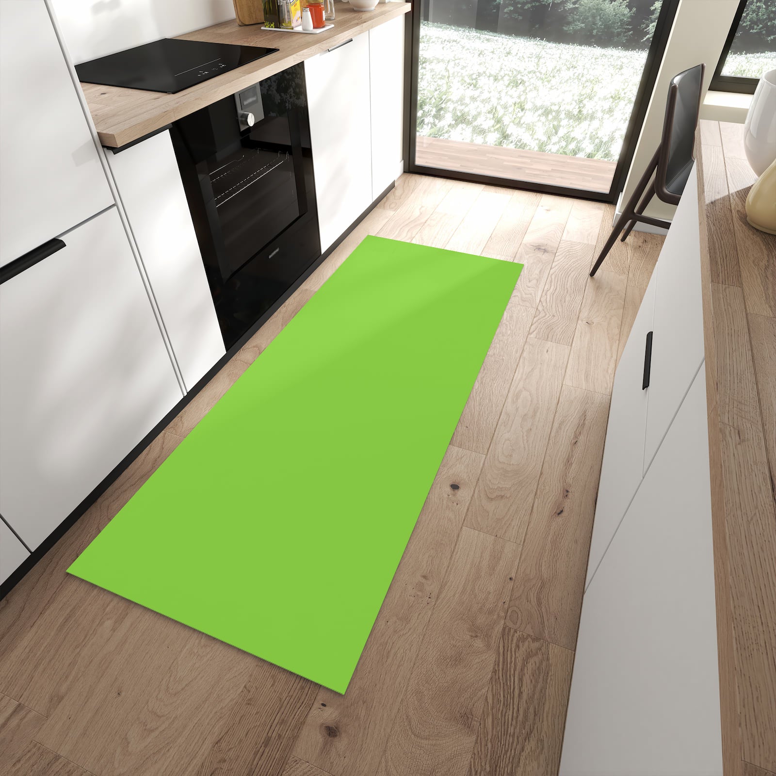 Waschbarer Küchenläufer mit hellgrünem Hintergrund-Motiv in moderner Küche, fleckenresistent