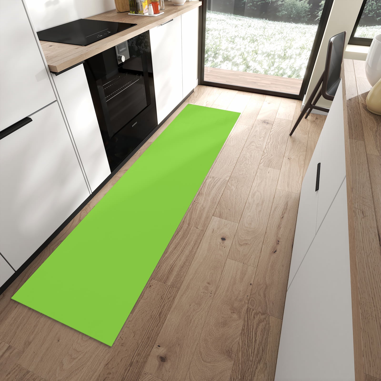 Abriebfester Küchenläufer mit Hellgrüner Hintergrund-Motiv in moderner Küche