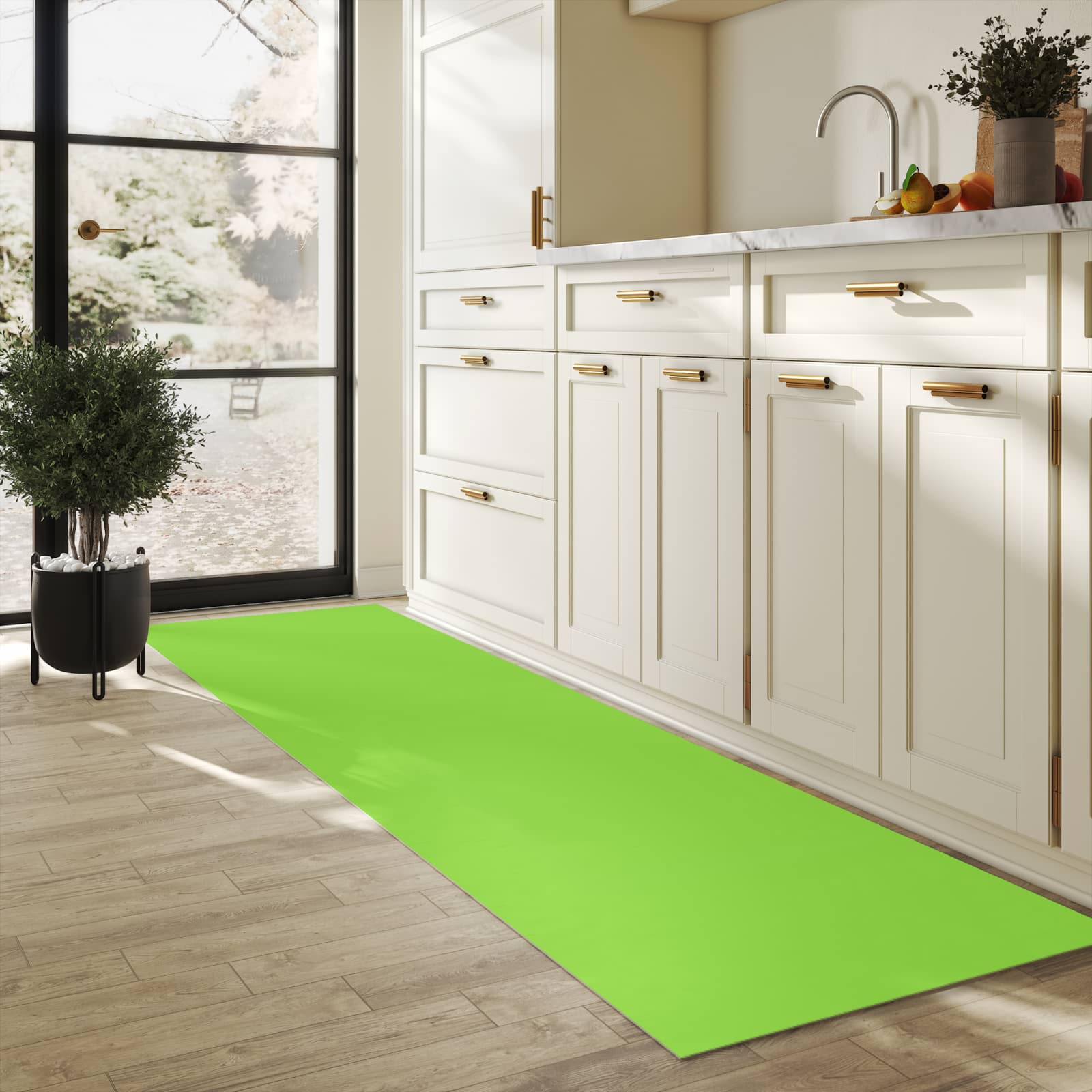Bodenschonender Küchenläufer mit hellgrünem Hintergrund-Motiv in der Küche