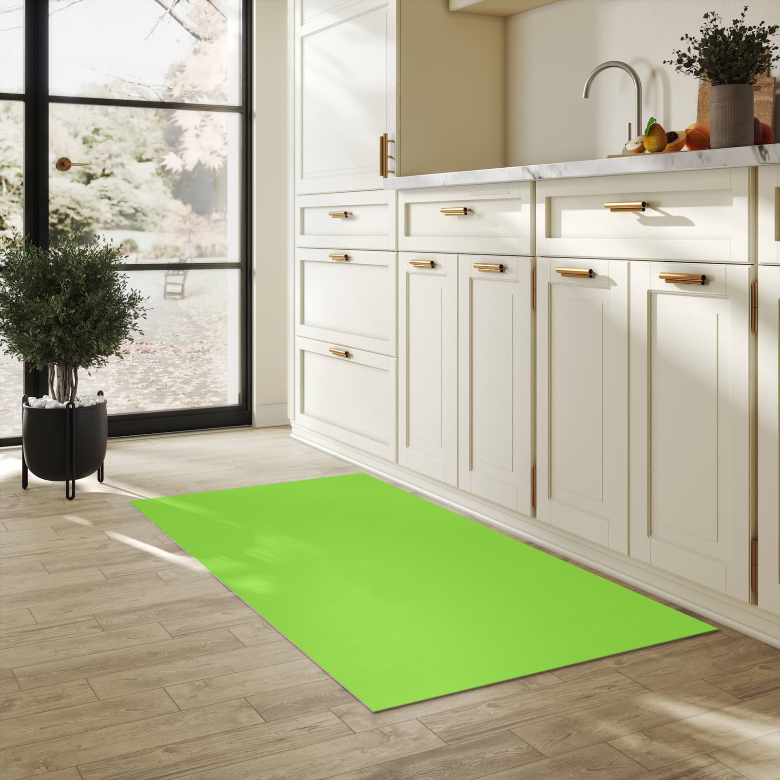 Küchenläufer mit hellgrünem Hintergrund-Motiv in der Küche, sicher aufbewahren