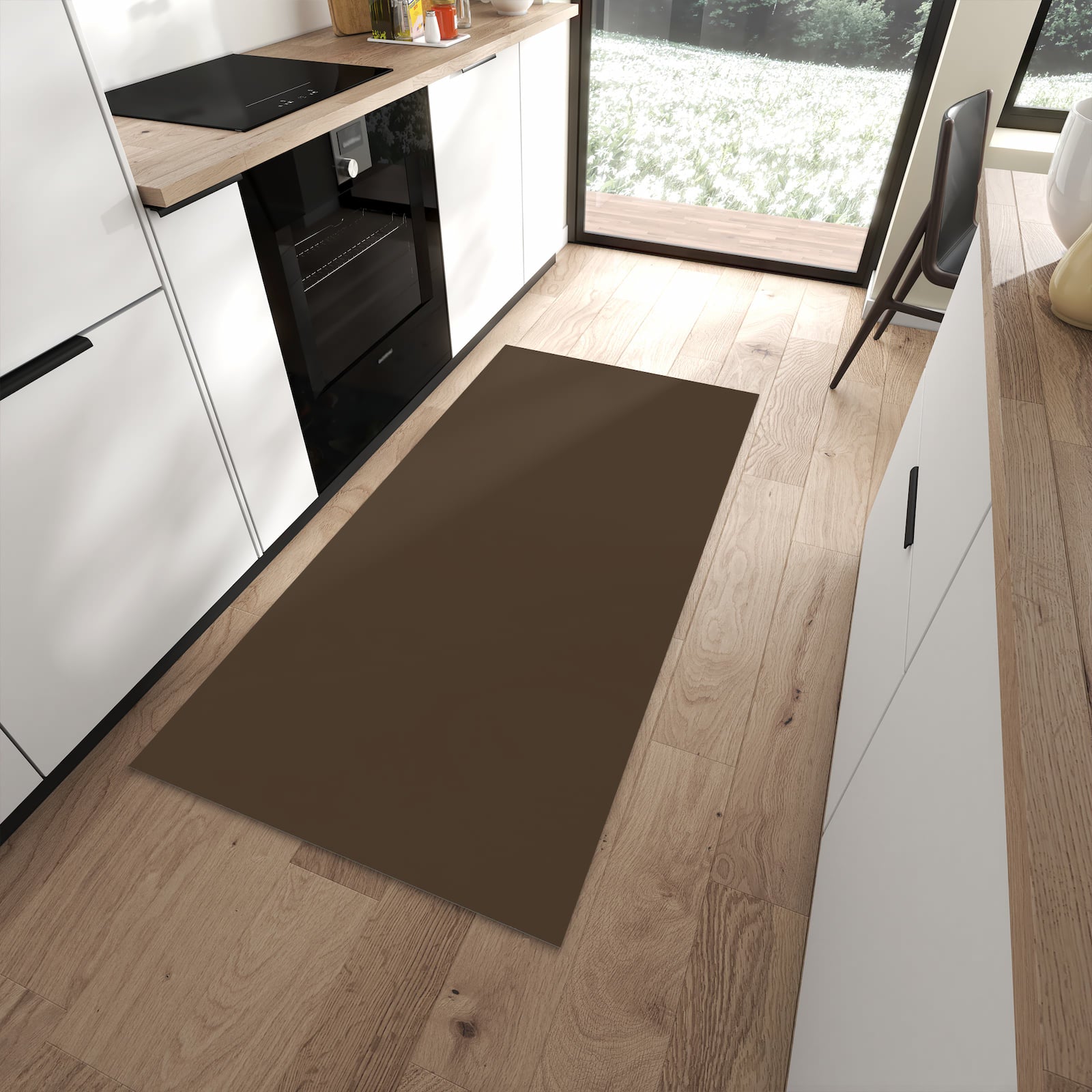 Rutschhemmender Küchenläufer mit dunkelbraunem Hintergrund-Motiv in moderner Küche