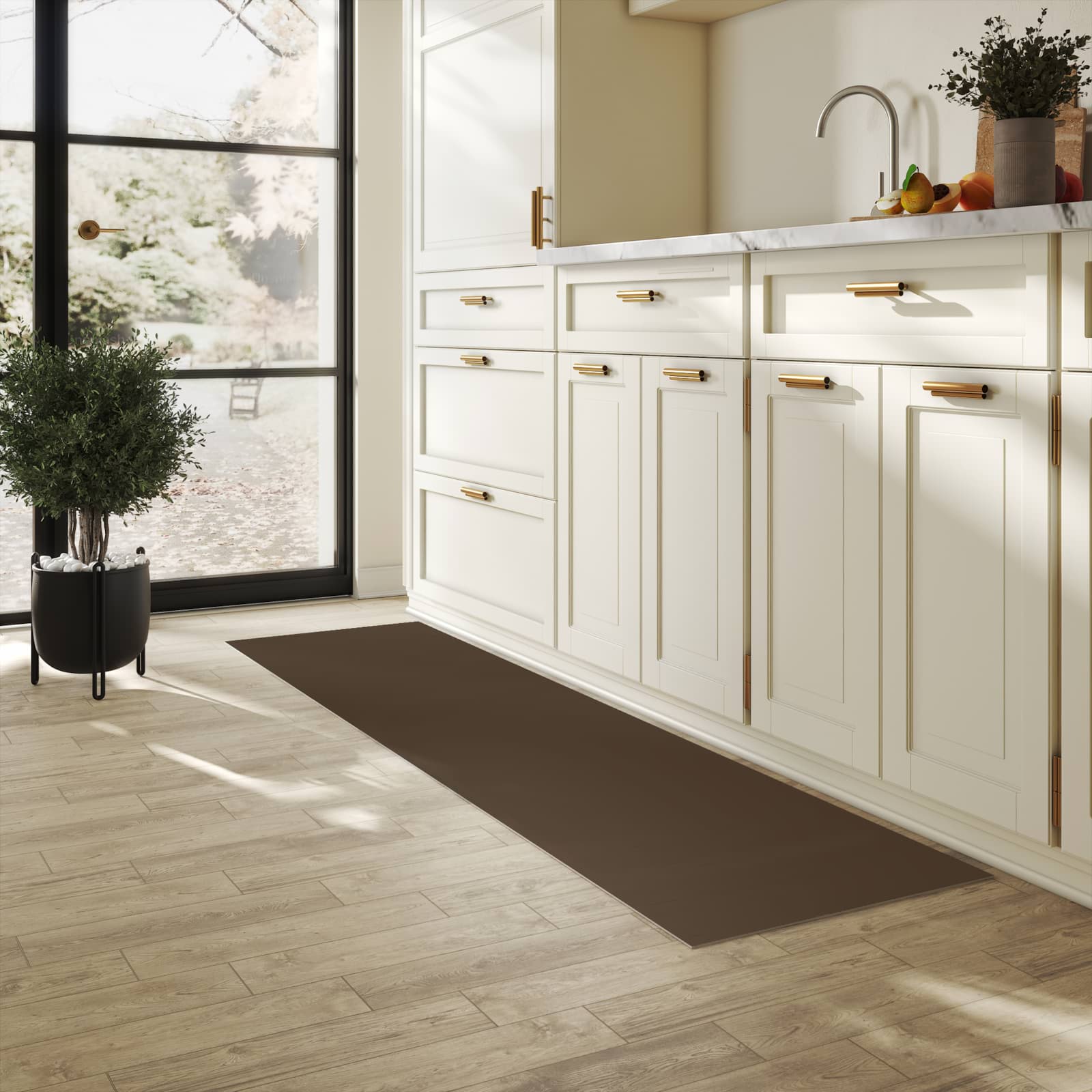 Abriebfester Küchenläufer mit dunkelbraunem Hintergrund-Motiv in der Küche, abwaschbar