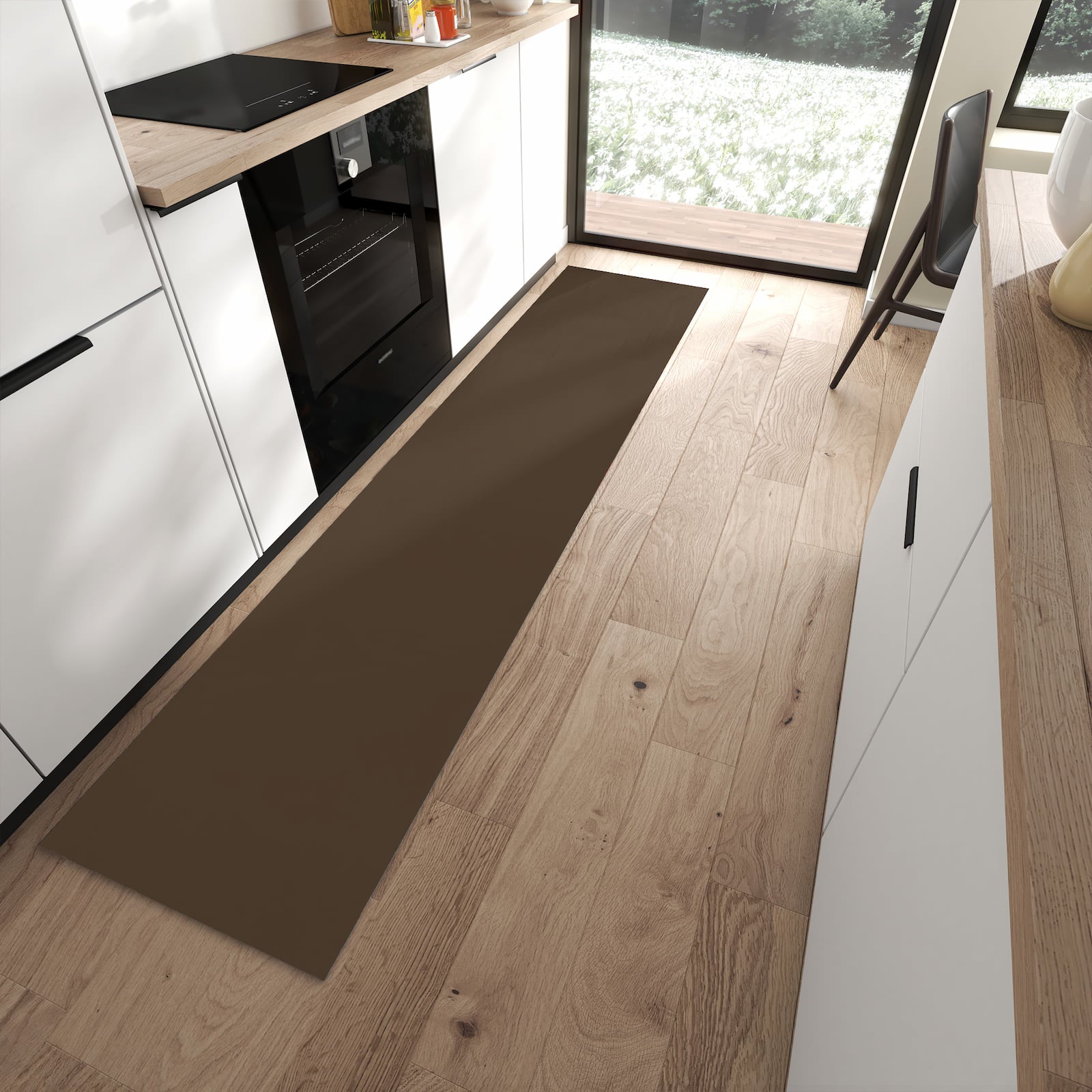 Rutschfester Küchenläufer mit dunkelbraunem Hintergrund in moderner Küche, wasserabweisend