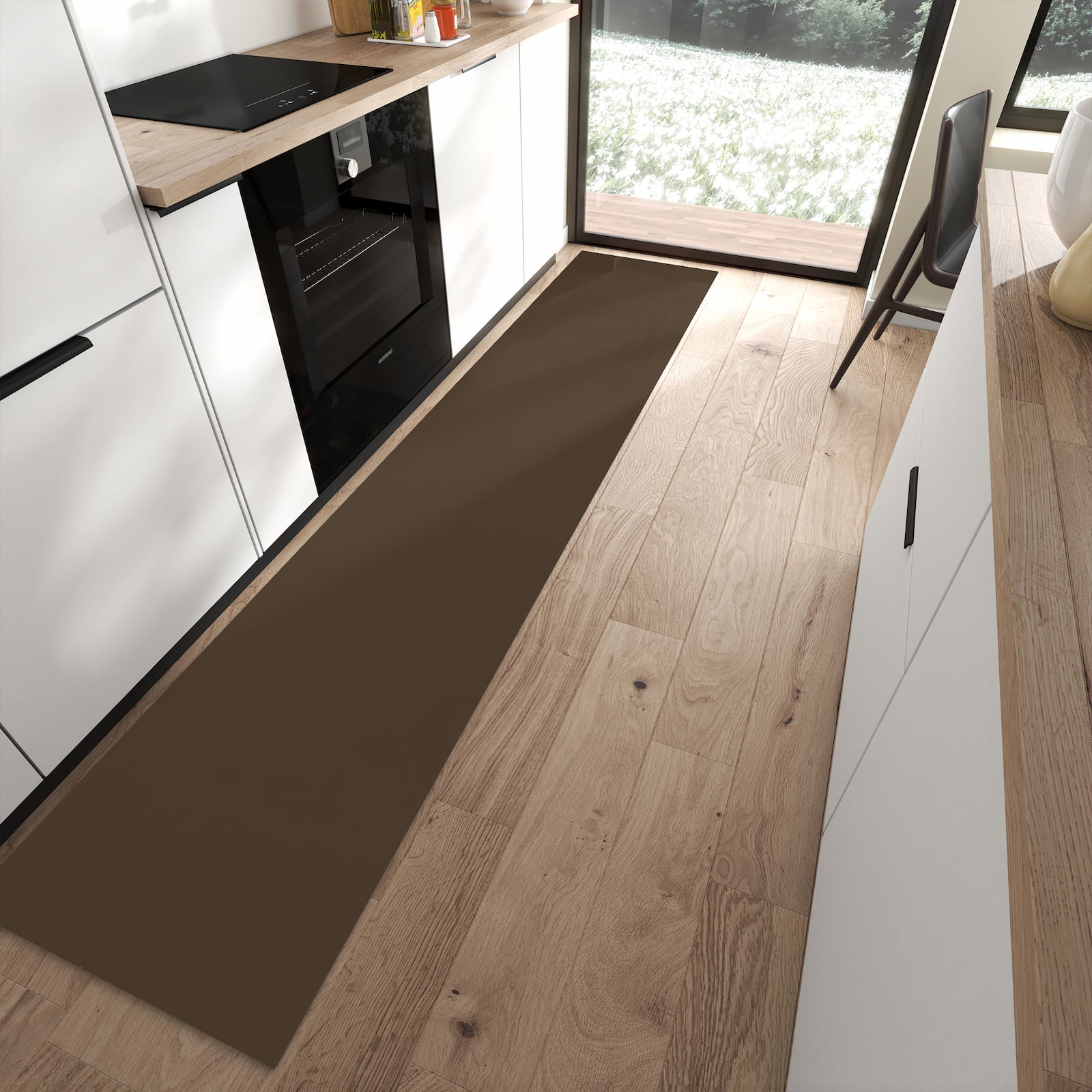 Küchenläufer mit dunkelbraunem Hintergrund-Motiv in moderner Küche, bietet Trittkomfort