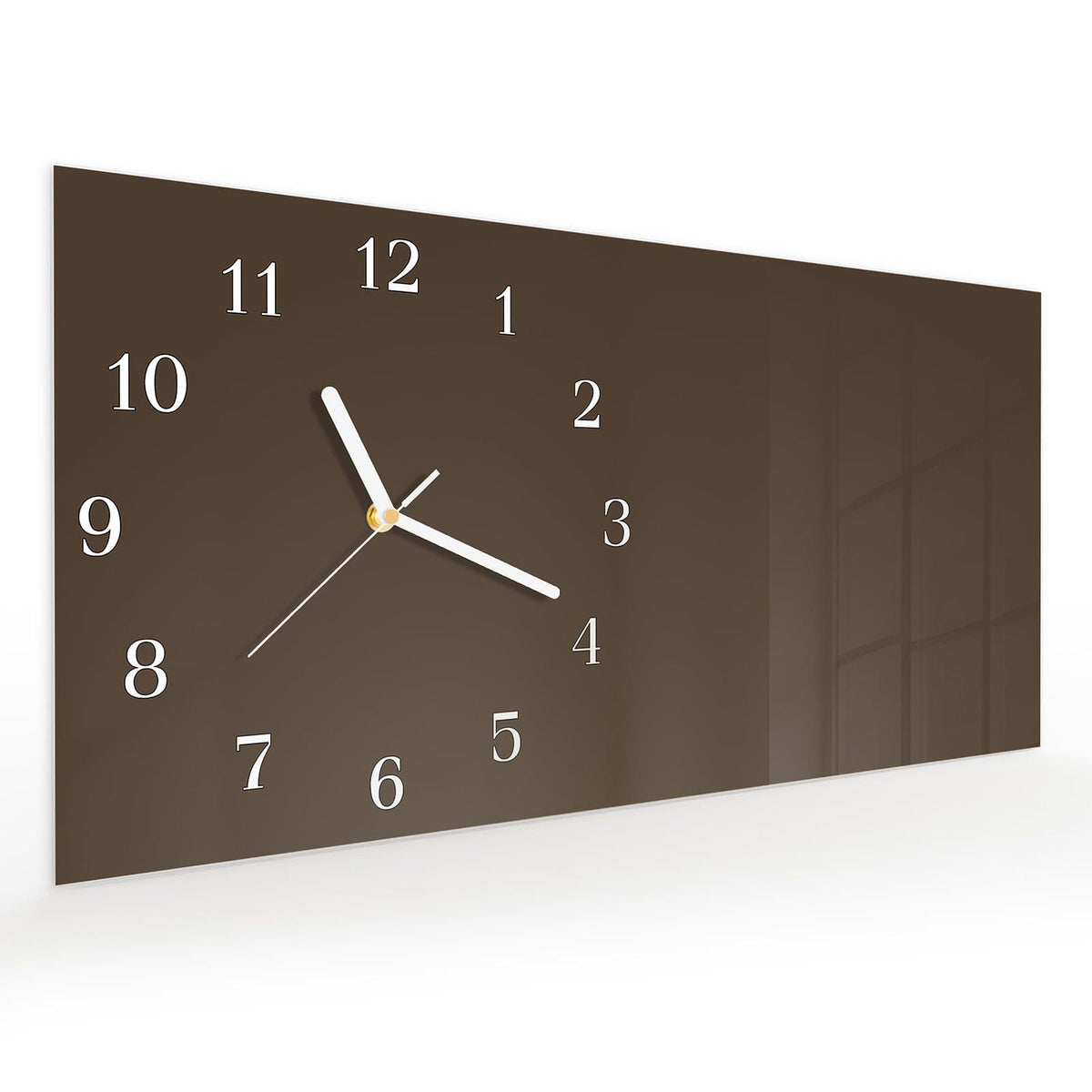 Vormontiert – mit Schwebeeffekt – Wanduhr Dunkelbrauner Hintergrund aus Glas – Querformat 60 × 30 cm