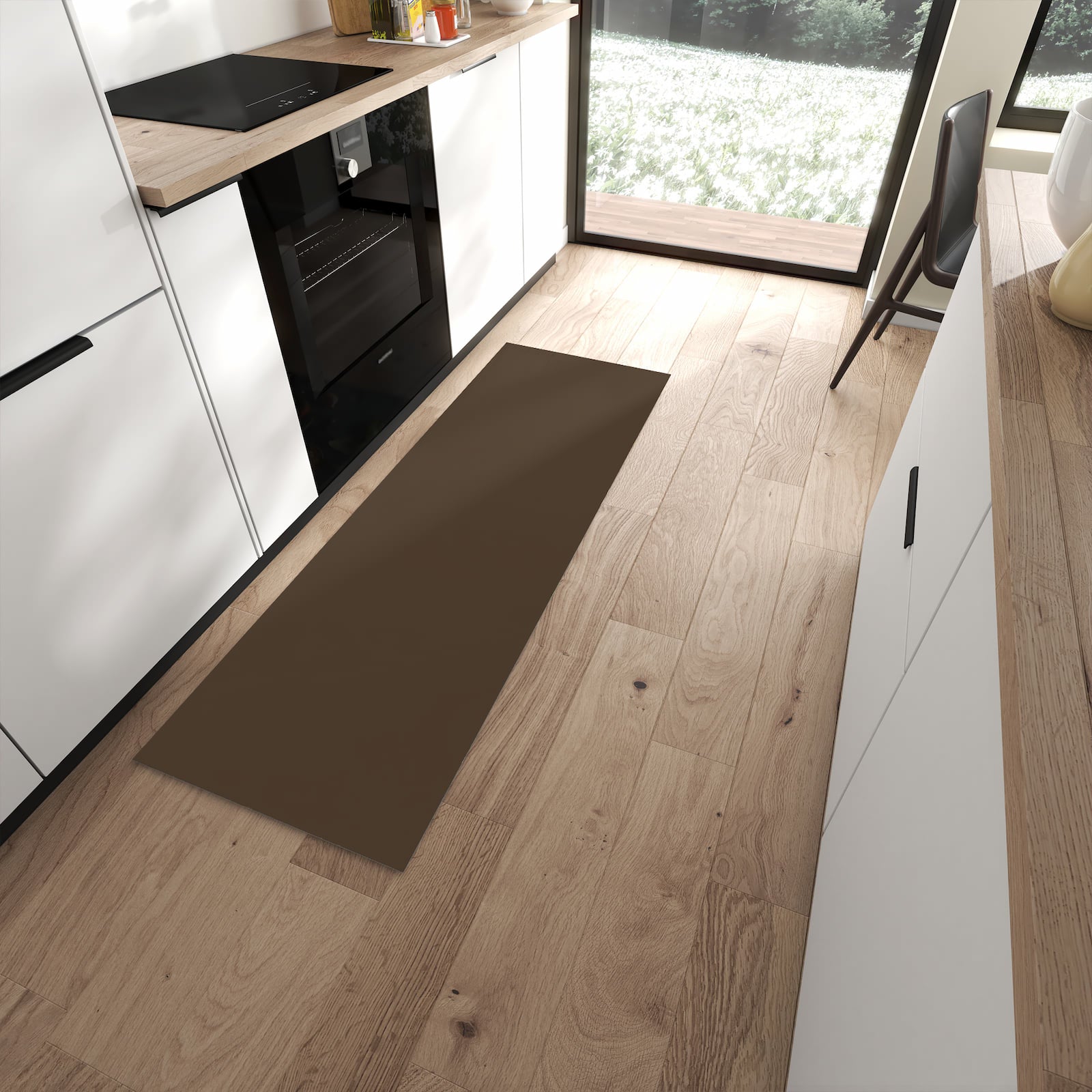 Geruchsneutraler Küchenläufer mit dunkelbraunem Hintergrund-Motiv in moderner Küche