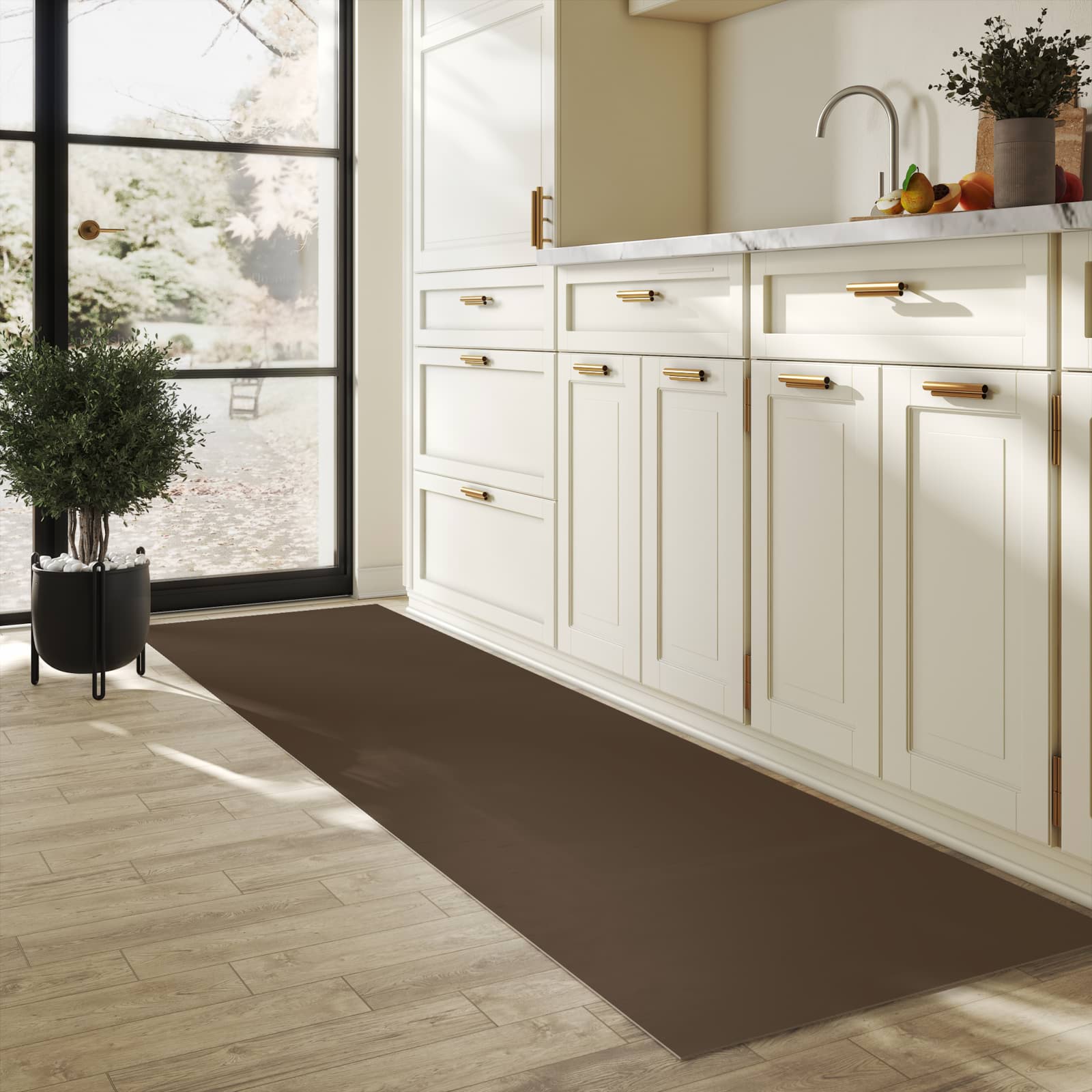 Wasserabweisender Küchenläufer mit dunkelbraunem Hintergrund-Motiv in der Küche