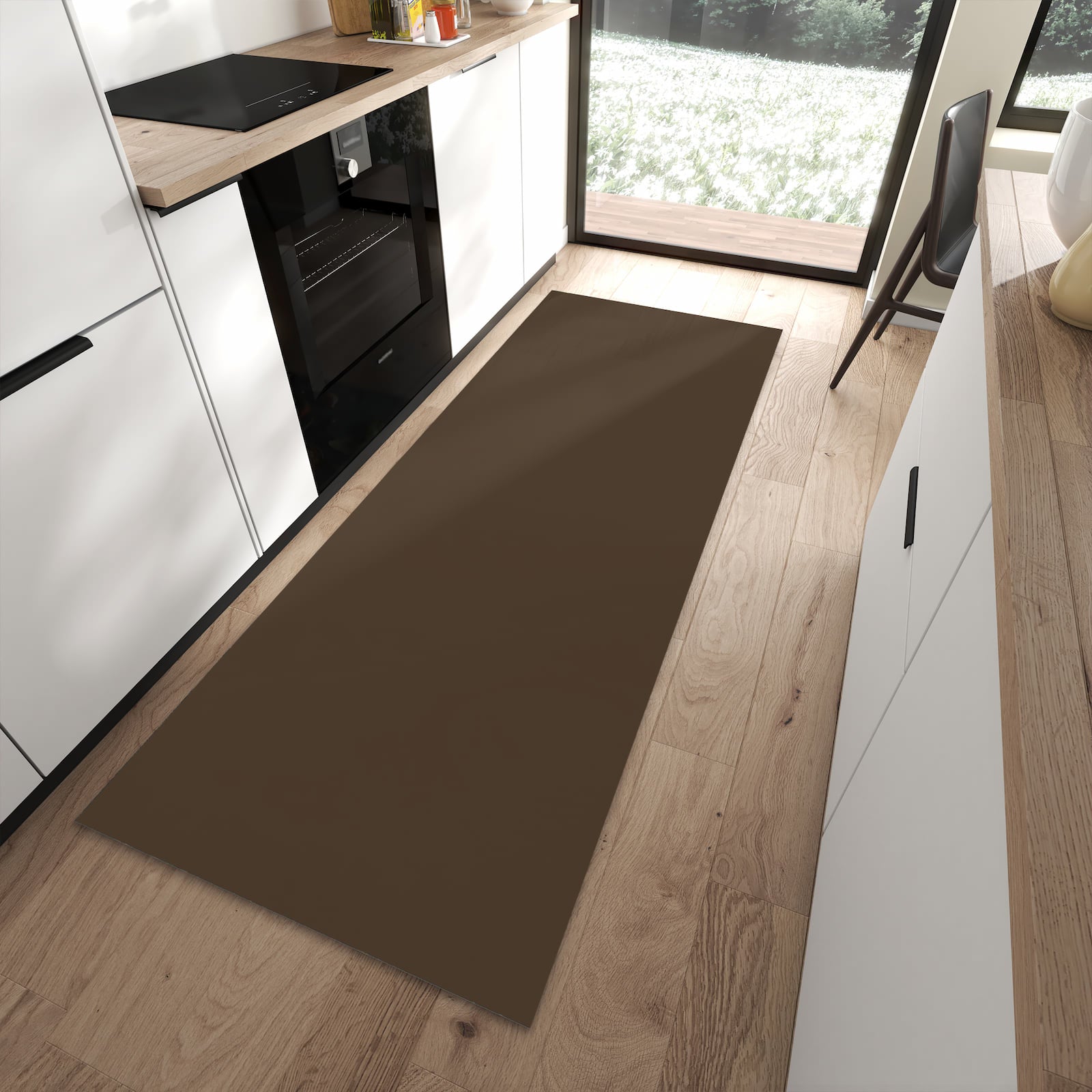 Strapazierfähiger Küchenläufer mit dunkelbrauner Hintergrund-Optik in moderner Küche