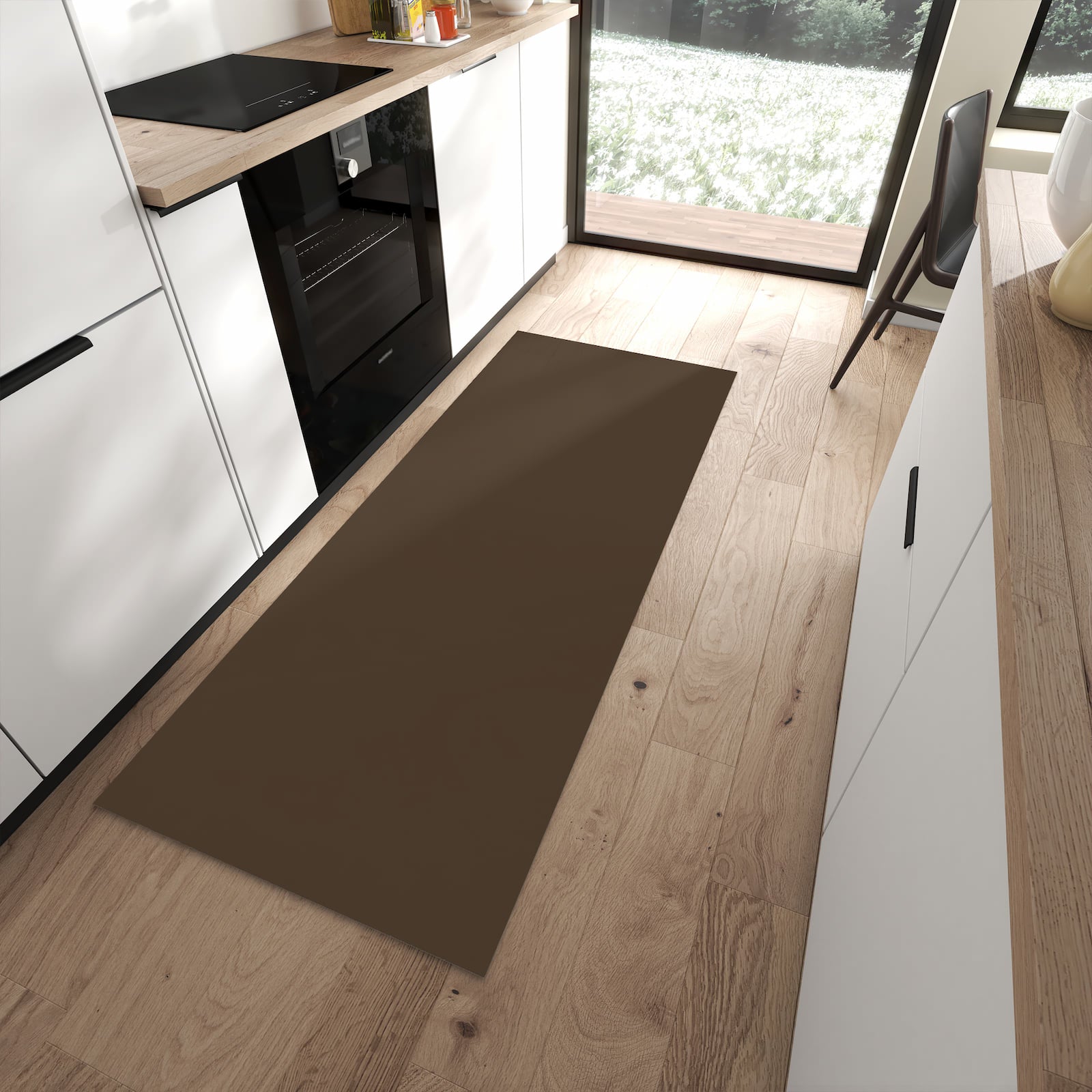 Waschbarer Küchenläufer mit dunkelbraunem Hintergrund-Motiv in moderner Küche, komfortabel