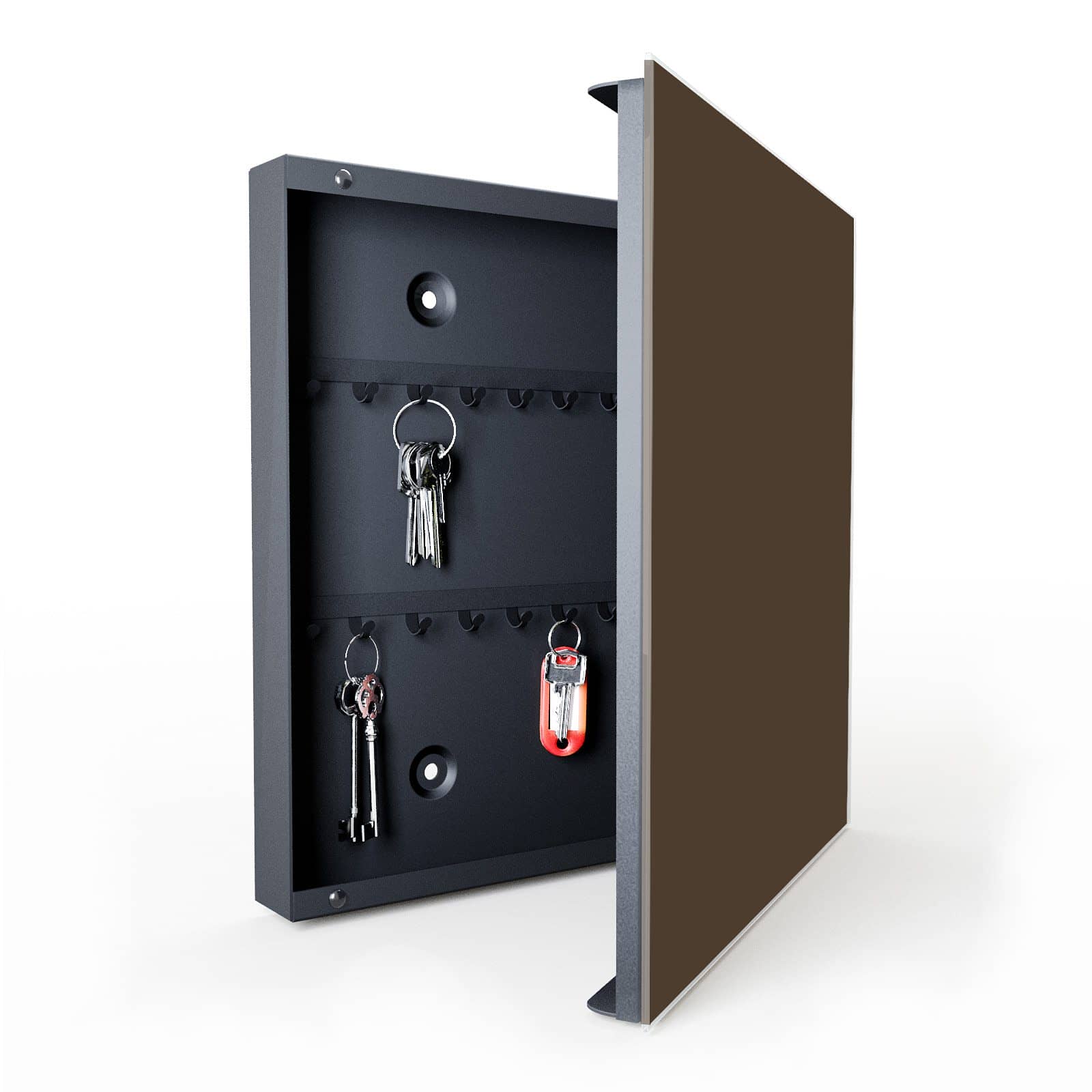 Zeitsparender Schlüsselsafe mit Motiv Dunkelbrauner Hintergrund in geöffneter Innenansicht