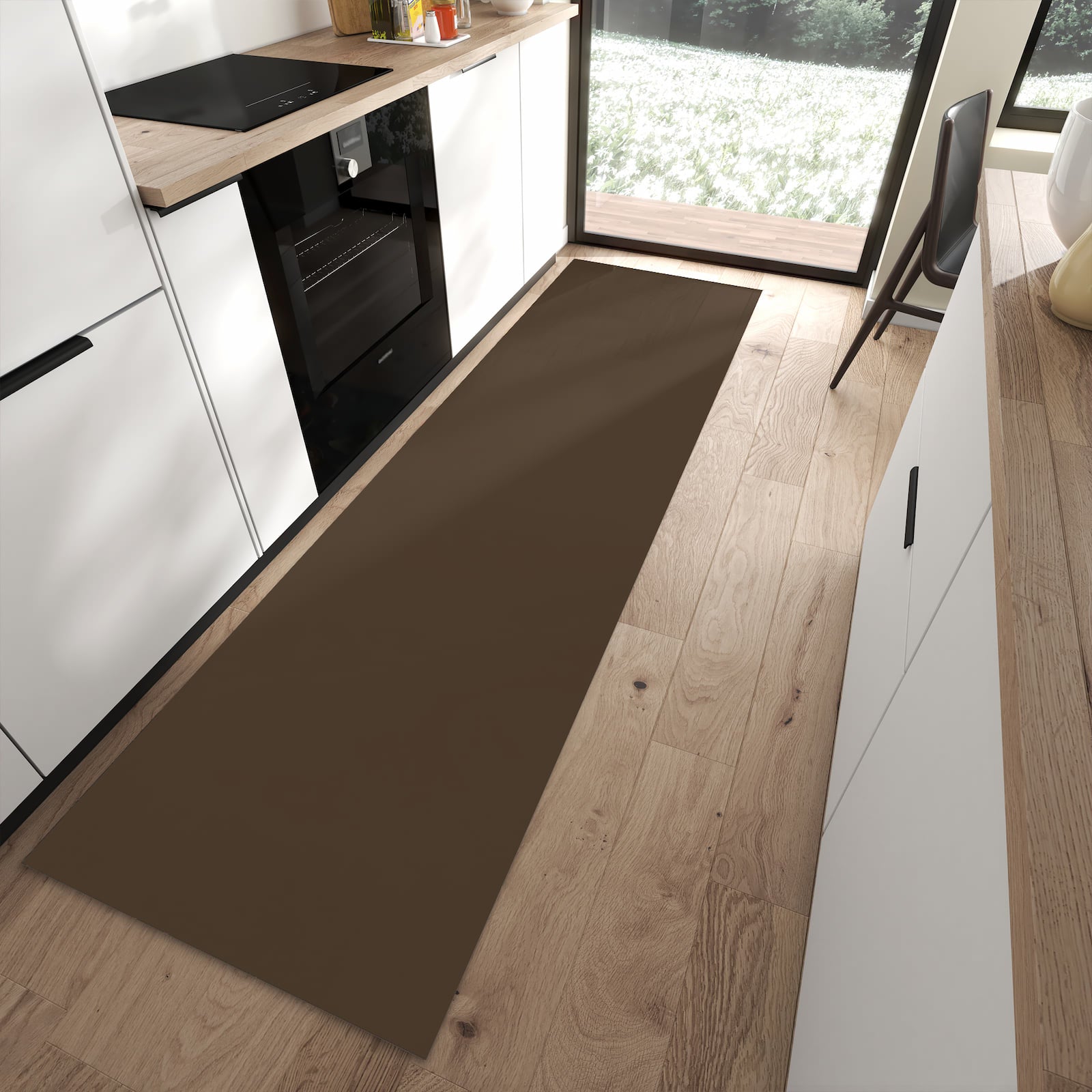 Geräuschdämpfender Küchenläufer mit dunkelbraunem Hintergrund-Motiv in moderner Küche