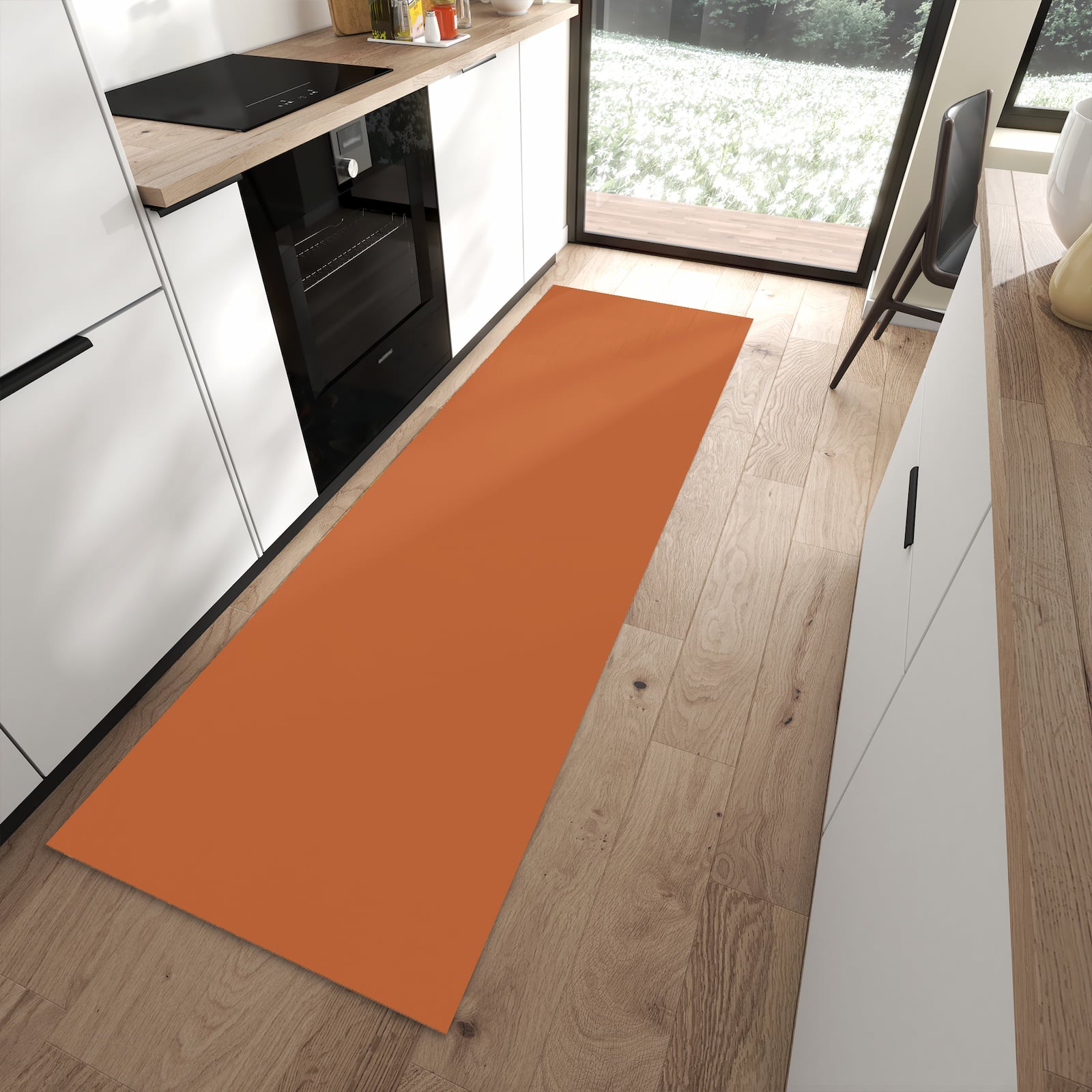 Waschbarer Küchenläufer mit braunem Hintergrund-Motiv in moderner Küche, langlebig