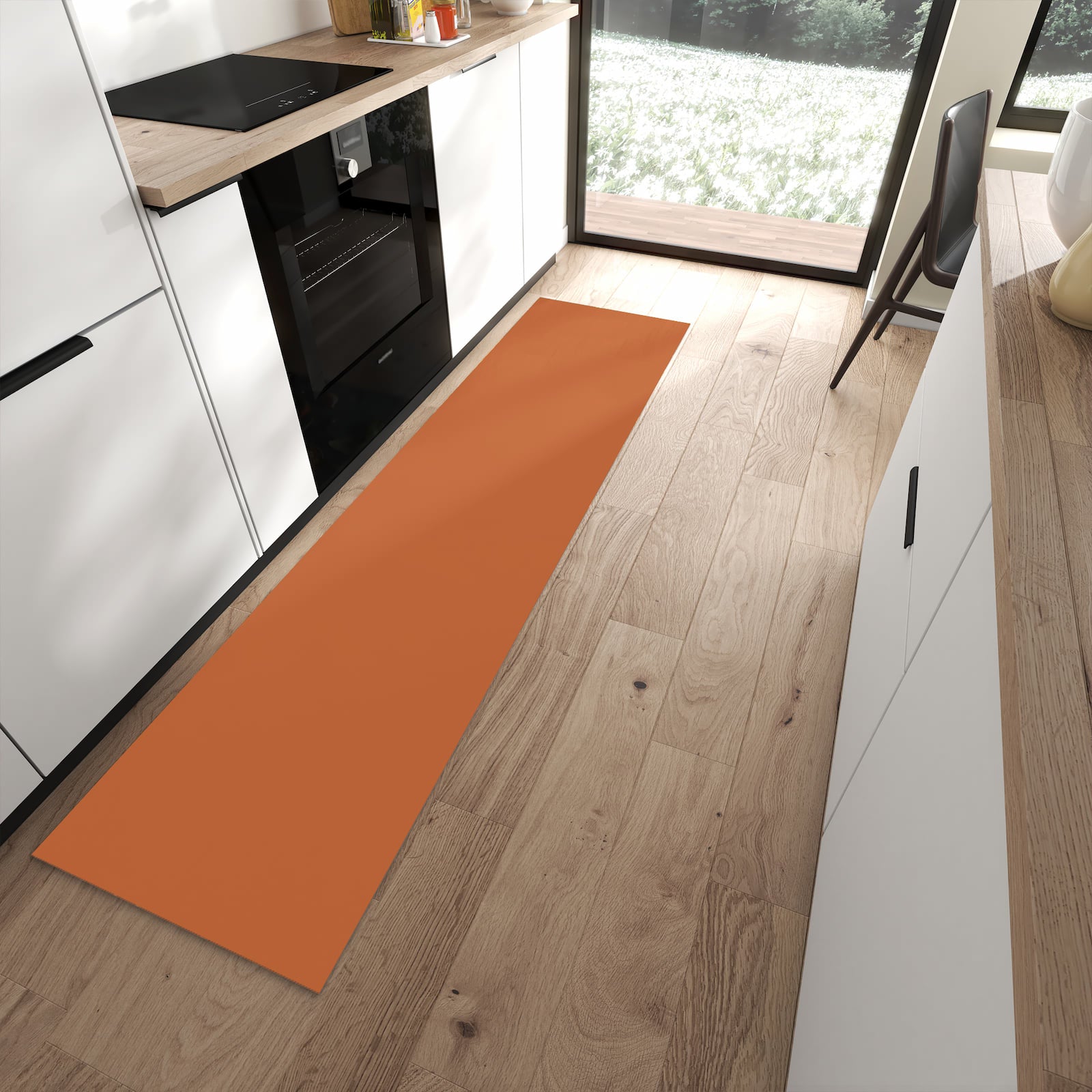 Großer Küchenteppich mit braunem Hintergrund-Motiv in moderner Küche, geräuschdämpfend