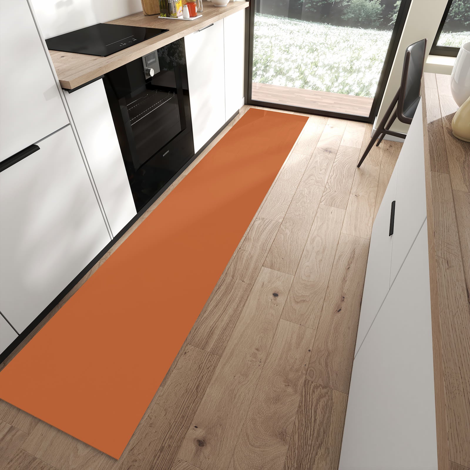 Waschbarer Küchenläufer mit brauner Hintergrund-Motiv in moderner Küche, rutschhemmend