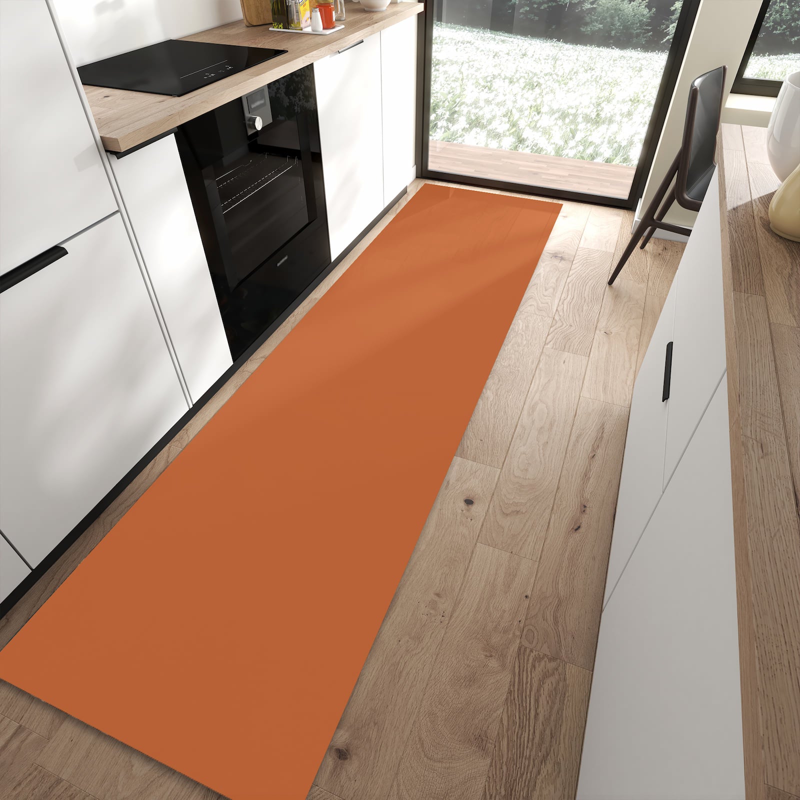 Formstabiler Küchenläufer mit braunem Hintergrund-Motiv in moderner Küche, rutschfest