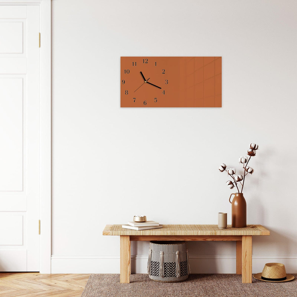 Moderne Wanduhr aus Glas mit Farbtiefe – Wanduhr Brauner Hintergrund aus Glas – Querformat 60 × 30 cm
