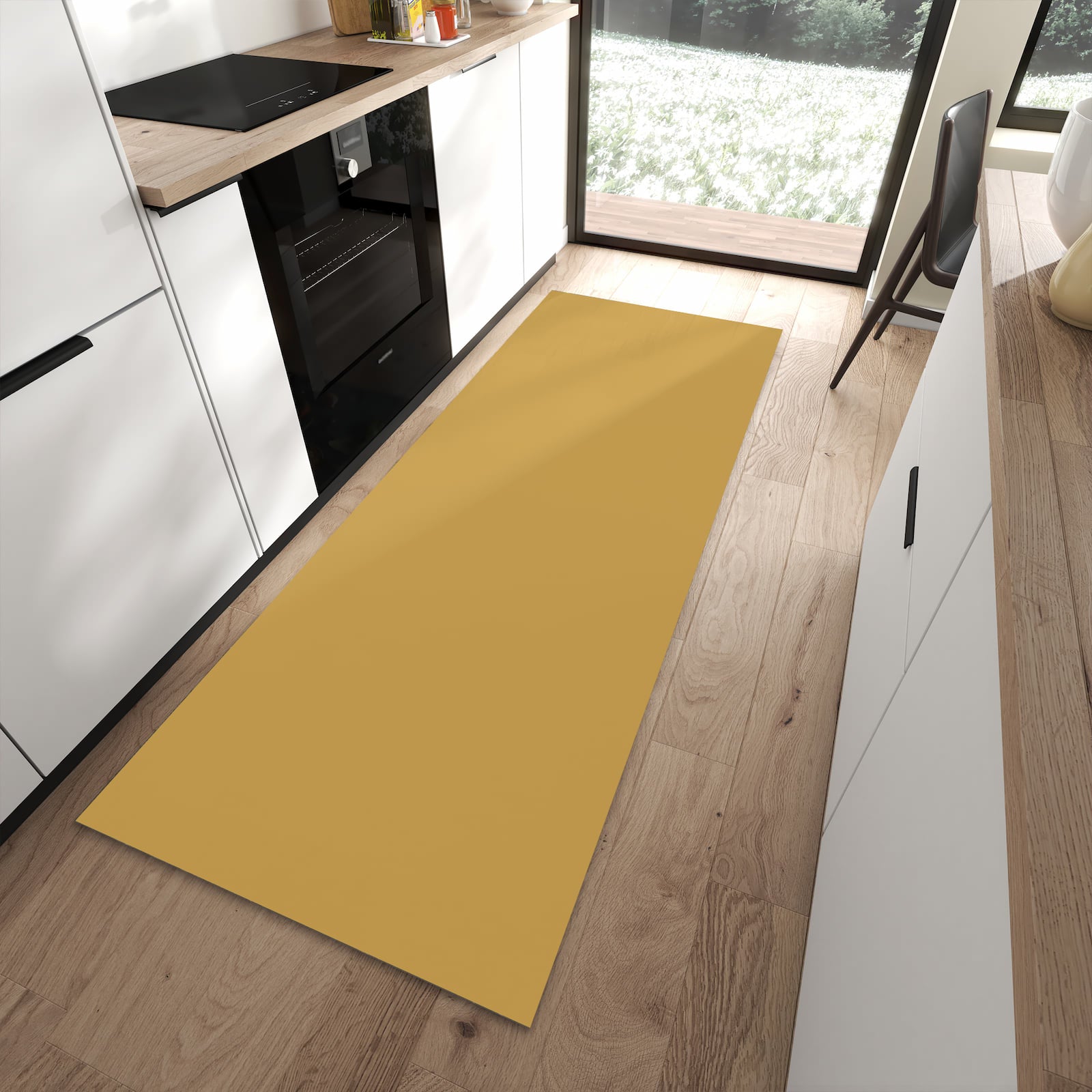 Rutschfester Küchenläufer mit khakibraunem Hintergrund-Motiv in moderner Küche, waschbar