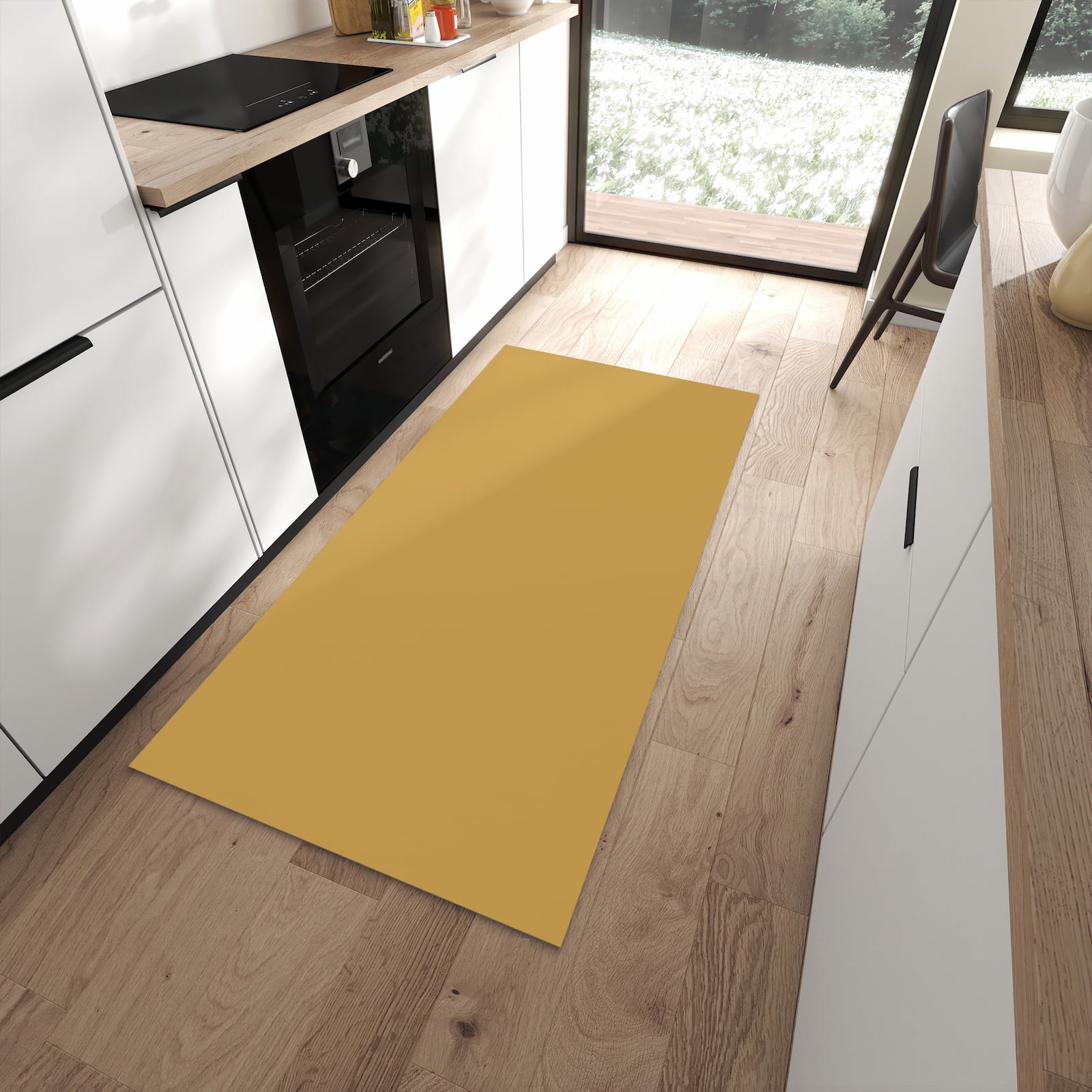 Bunter Küchenläufer mit khakibraunem Hintergrund in moderner Küche, hygienisch