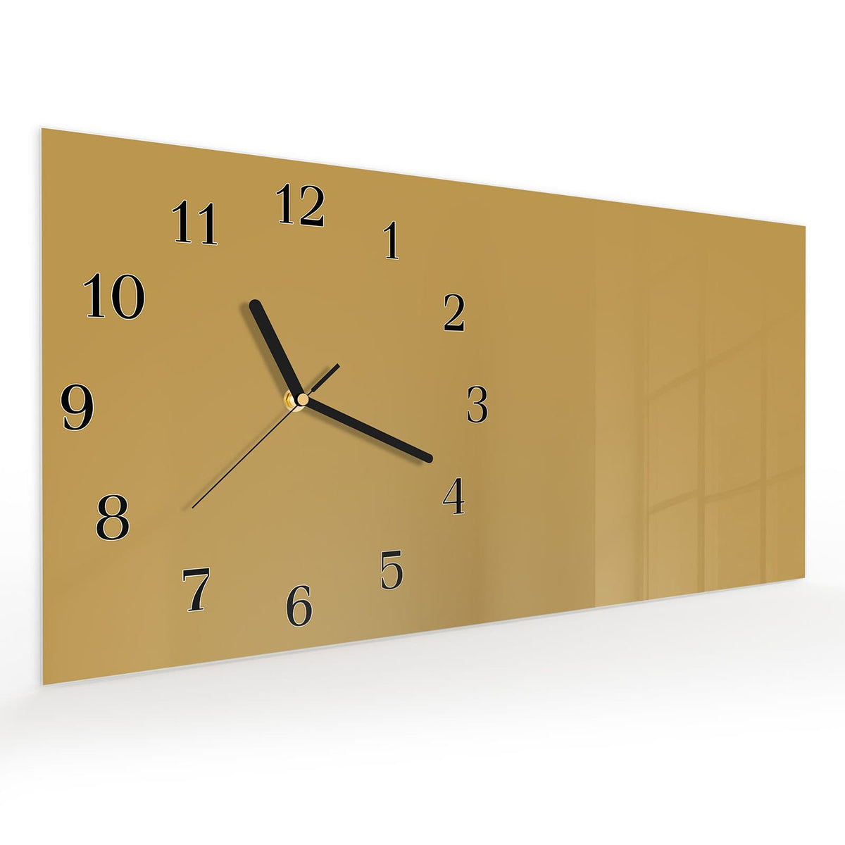 Vormontiert – mit Schwebeeffekt – Wanduhr Khakibrauner Hintergrund aus Glas – Querformat 60 × 30 cm