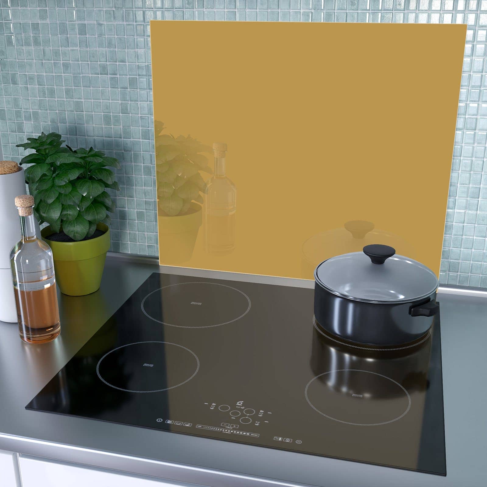 1-teilige Herdabdeckung aus Glas mit Khakibrauner Hintergrund-Motiv als Spritzschutz hinter dem Kochfeld