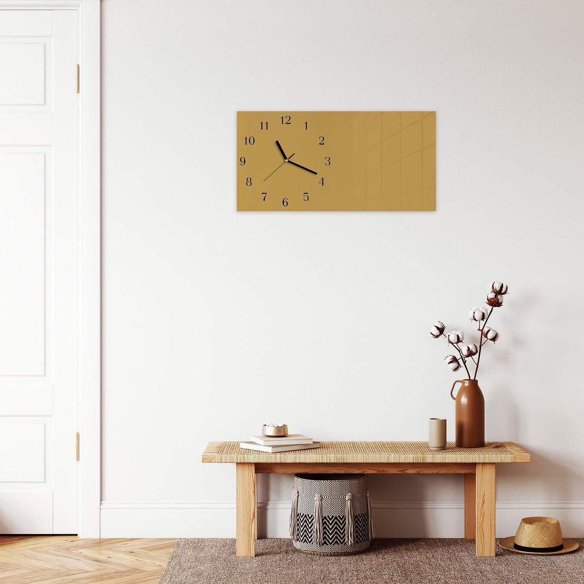 Moderne Wanduhr aus Glas mit Farbtiefe – Wanduhr Khakibrauner Hintergrund aus Glas – Querformat 60 × 30 cm