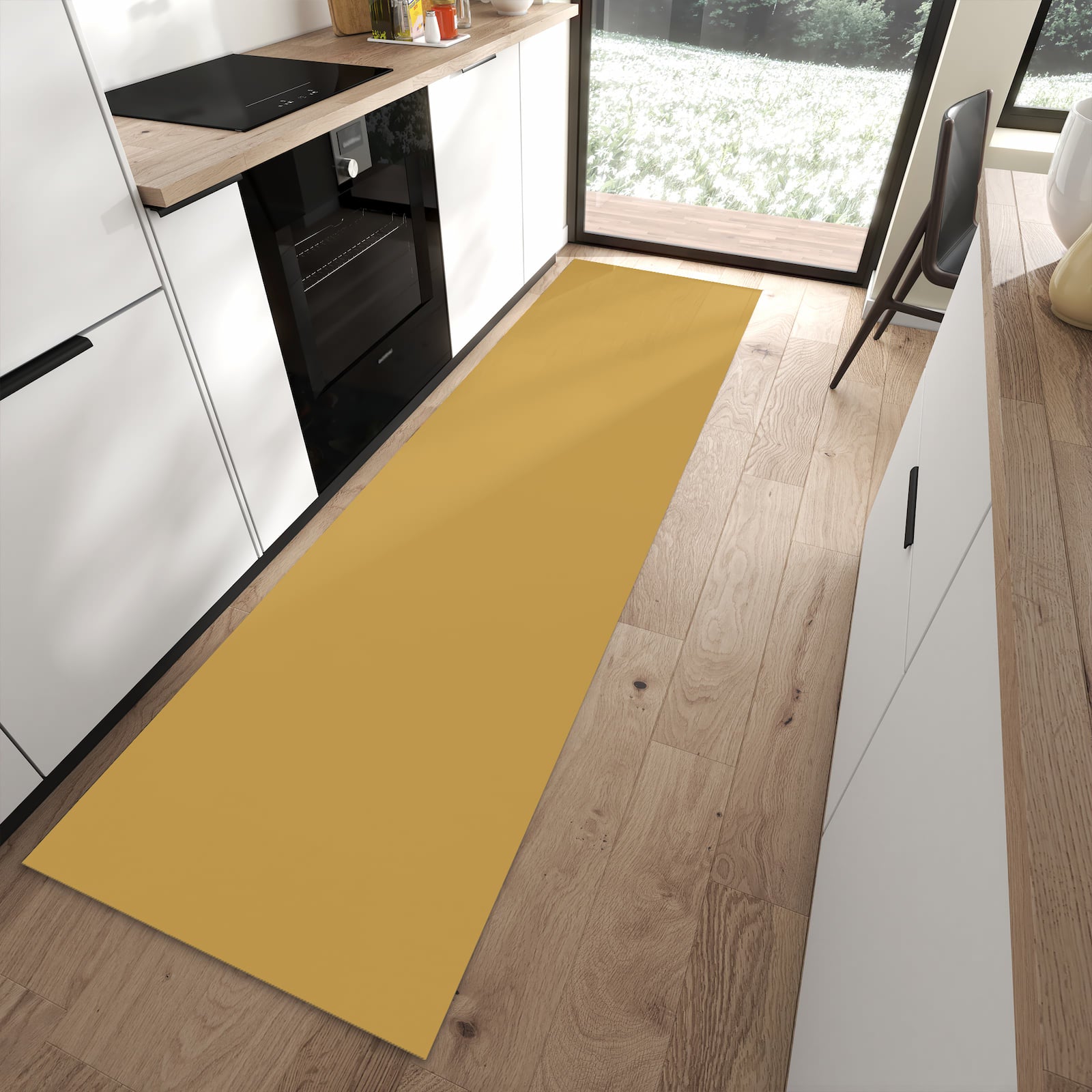 Moderner Küchenläufer mit khakibraunem Hintergrund in moderner Küche, schützt Boden