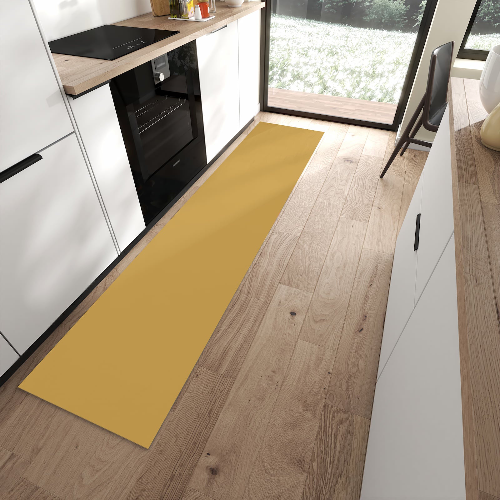 Formstabiler Küchenläufer mit khakibraunem Hintergrund-Motiv in moderner Küche, rutschfest