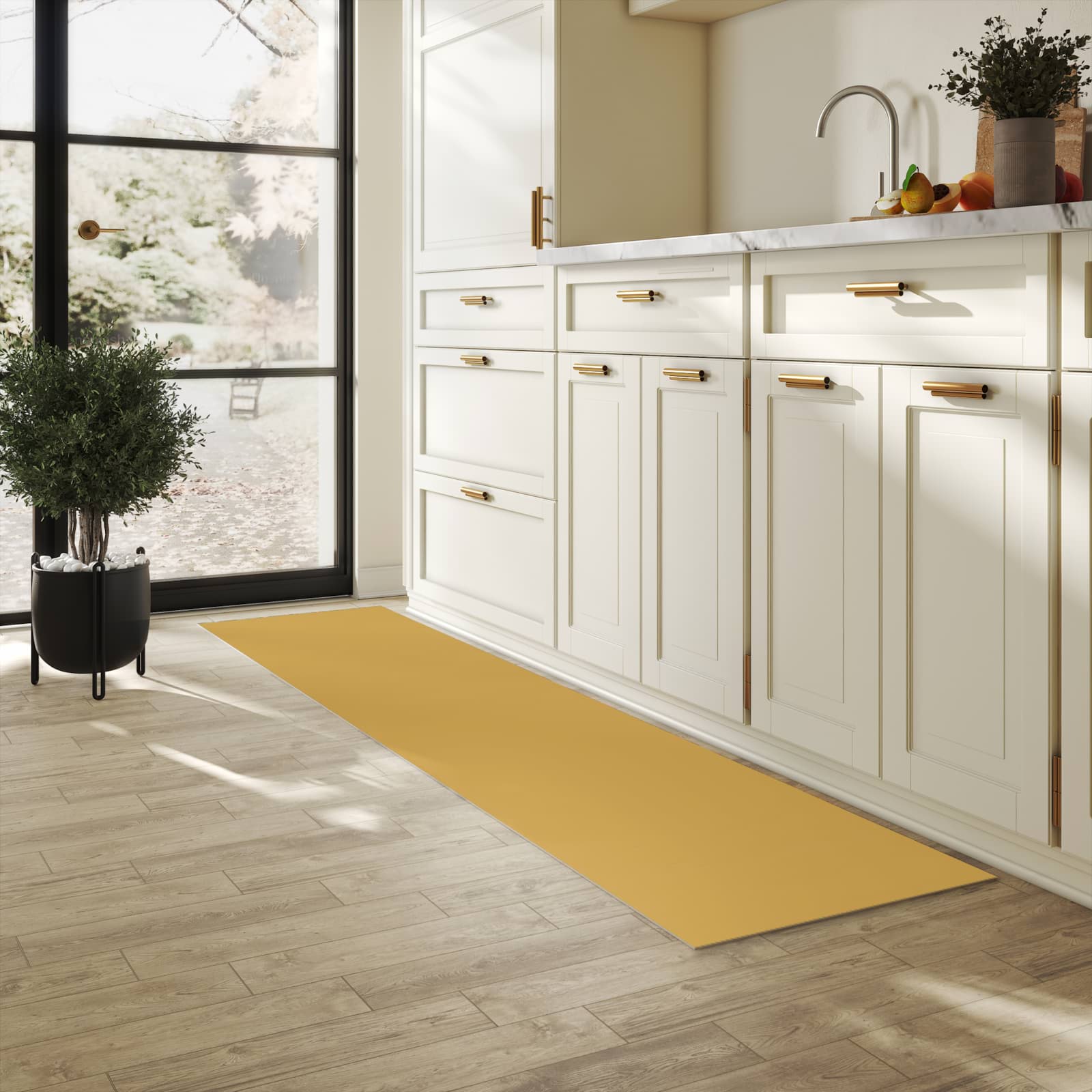 Pflegeleichter Küchenläufer mit khakibraunem Hintergrund-Motiv in der Küche