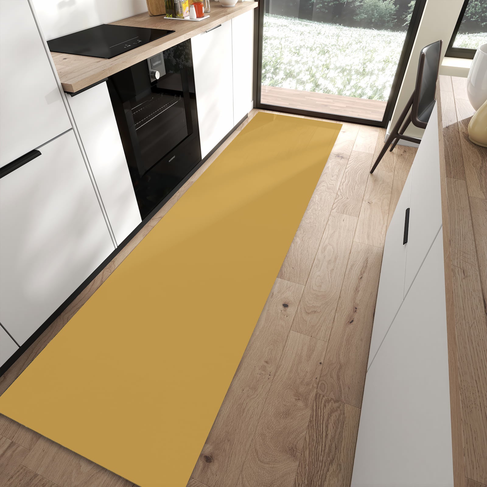 Flacher Küchenläufer mit khakibraunem Hintergrund in moderner Küche