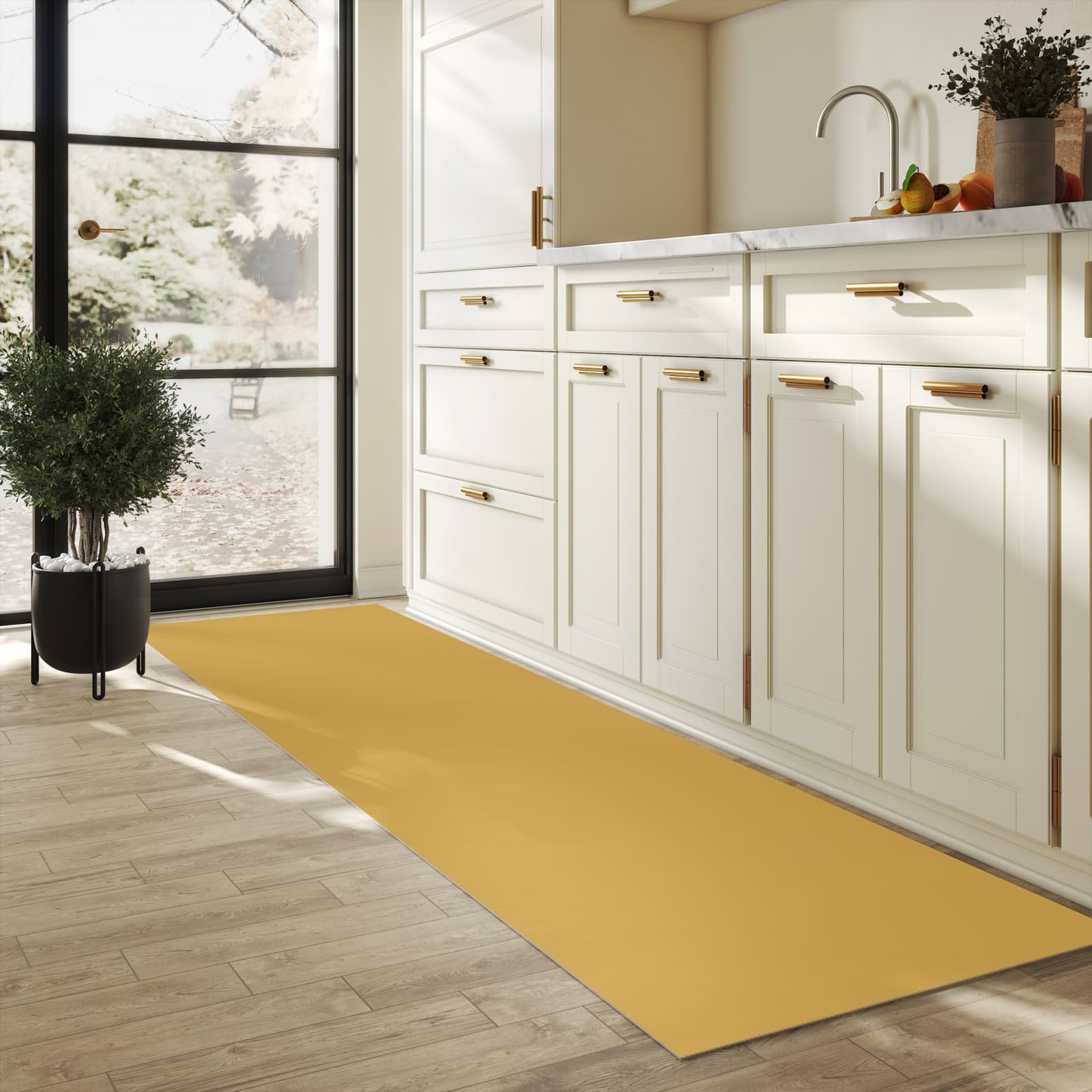 Formstabiler Teppichläufer mit khakibraunem Hintergrund-Motiv in der Küche