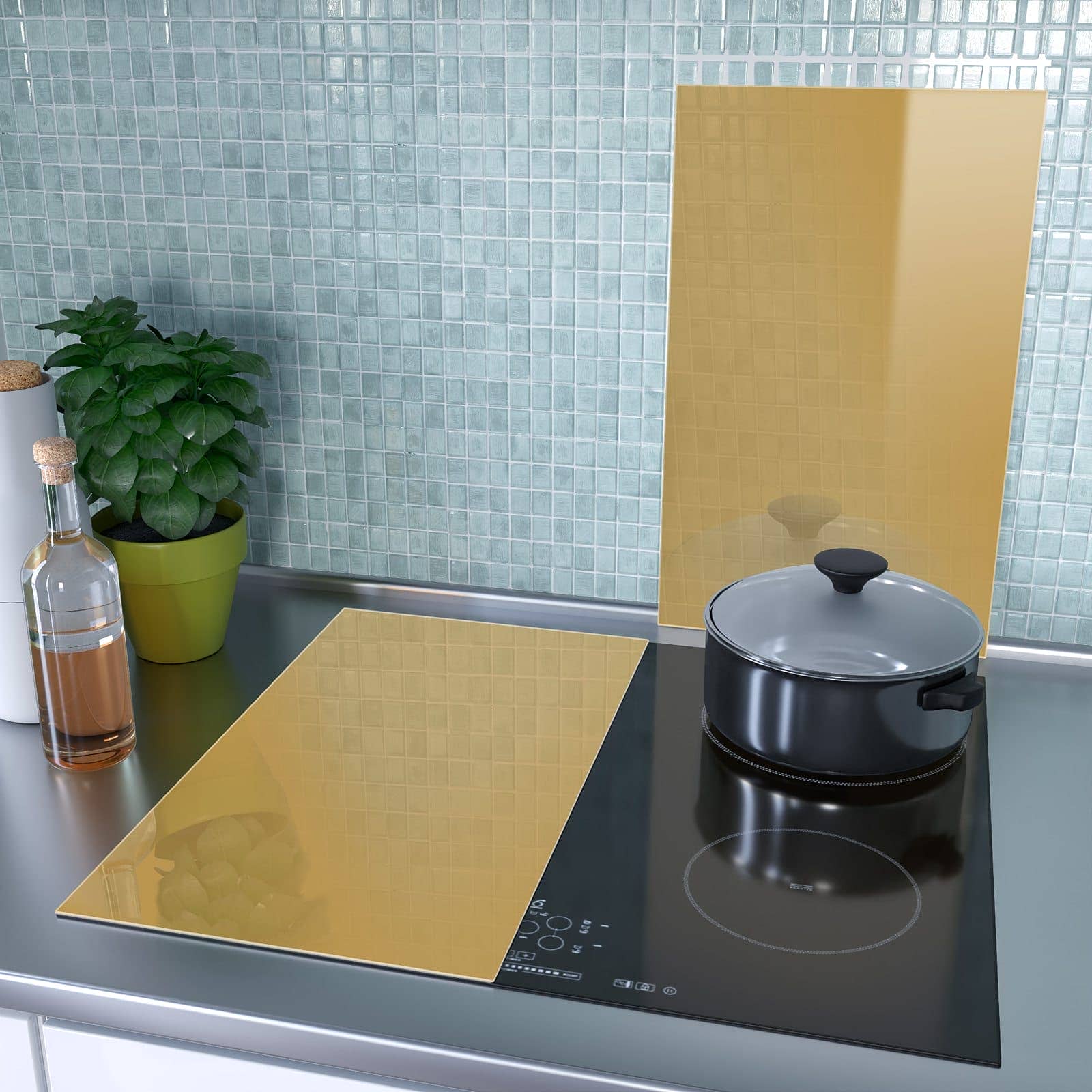 2-teilige Abdeckplatte für Induktionsherd mit Khakibrauner Hintergrund-Motiv als Spritzschutz hinter dem Kochfeld