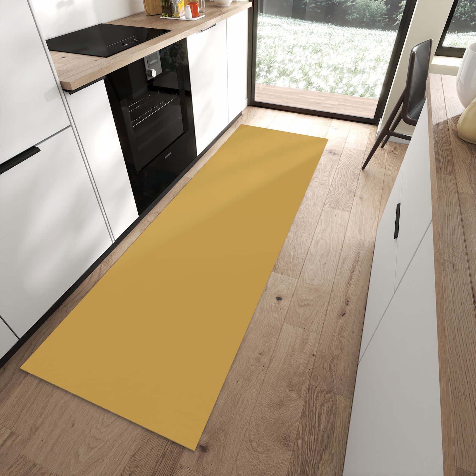 Rutschfester Küchenläufer mit khakibraunem Hintergrund-Motiv in moderner Küche, farbbeständig