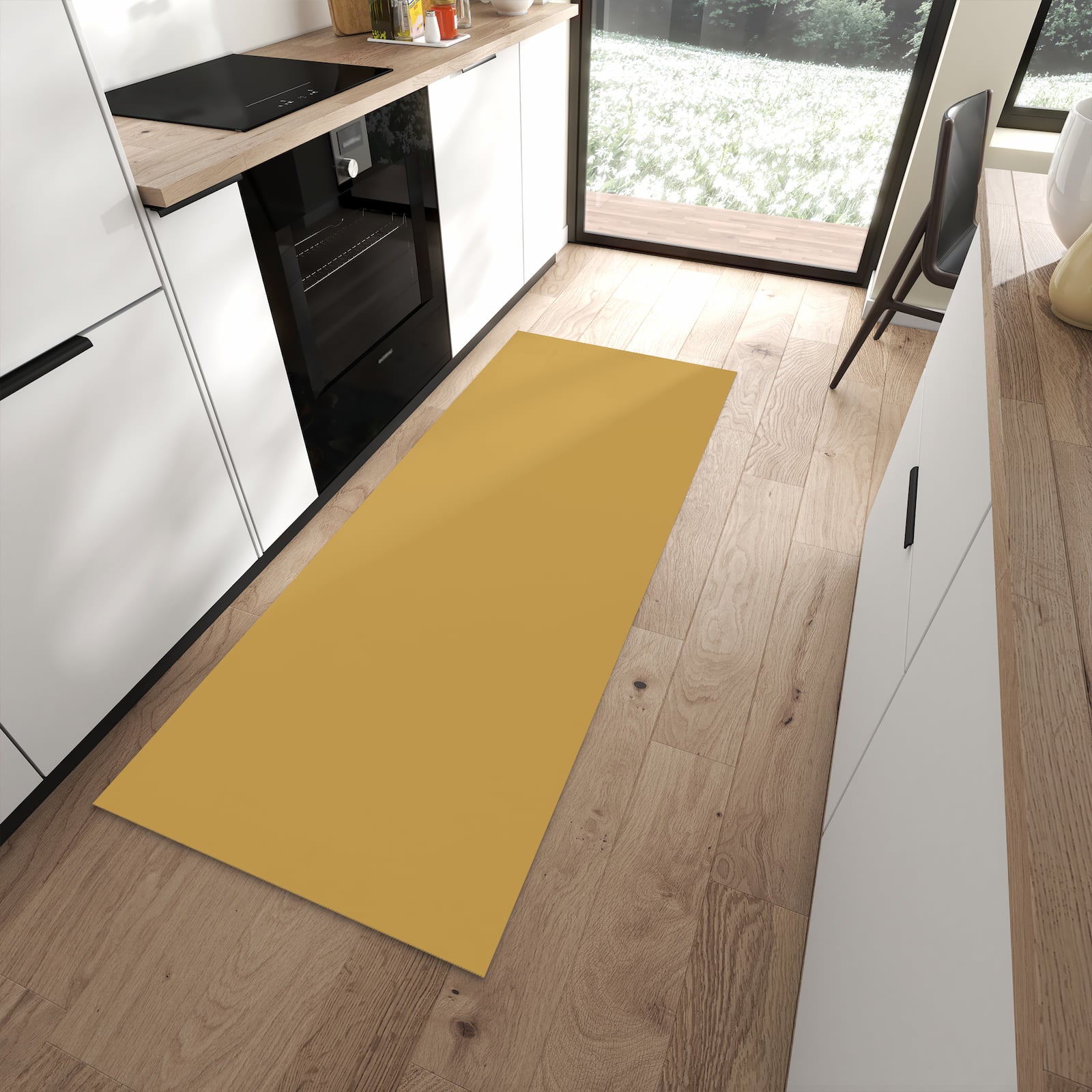 Waschbarer Küchenläufer mit khakibraunem Hintergrund-Motiv in moderner Küche